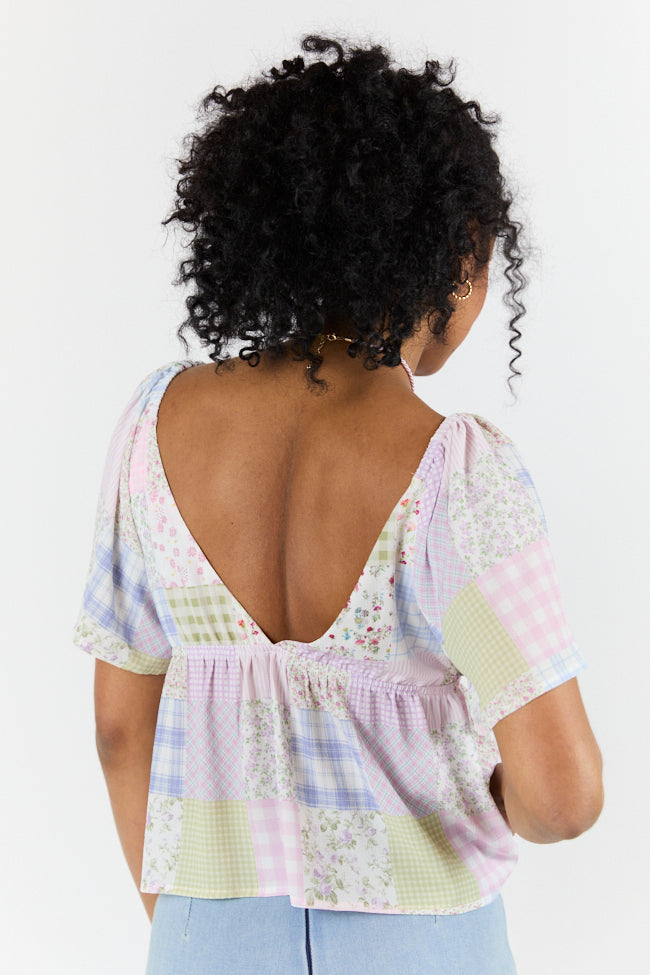 Luminous Days Multi Patch Print Short Sleeve Blouse for Women - Trendy Casual Summer Top - Perfect for Beach Outings, Music Festivals & Date Nights
