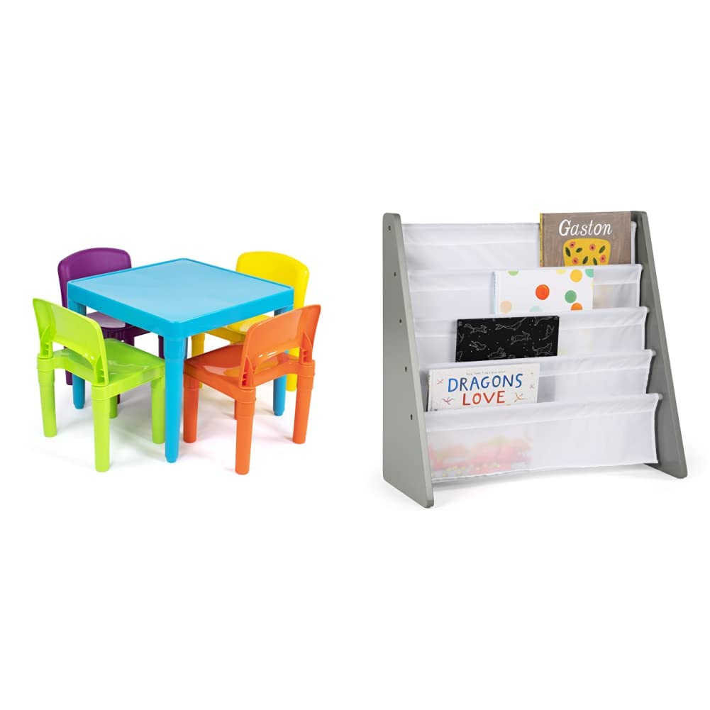 Humble Crew Kids Lightweight Plastic Table and 4 Chairs Set - Blue Table with Red/Green/Yellow/Purple Chairs + 4-Tier Grey/White Square Book Rack Storage Bookshelf | Perfect for Playroom, Classroom & Home Learning Spaces