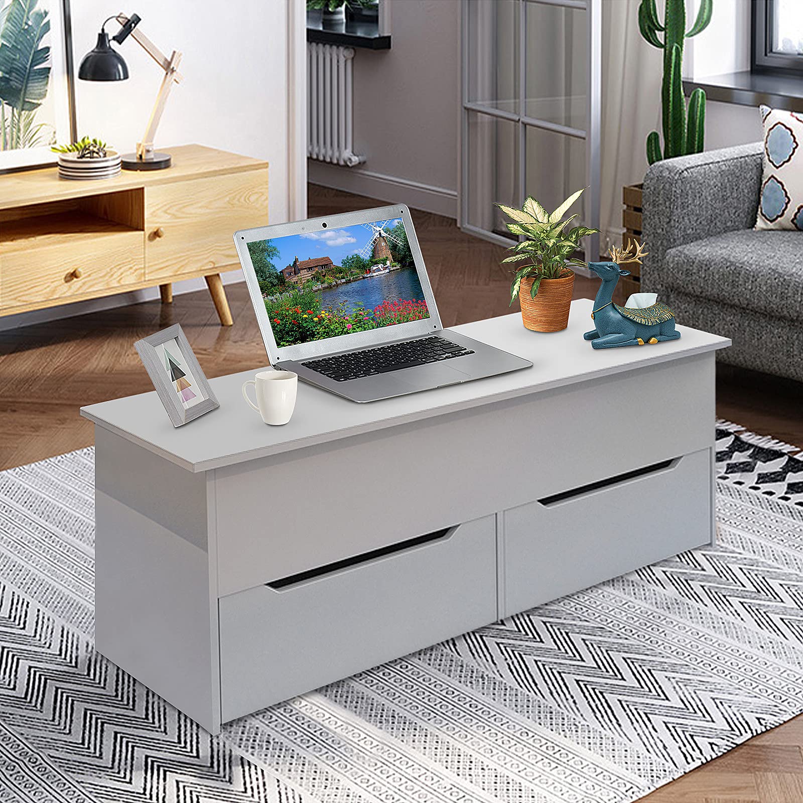 Modern Minimalist Lift-Top Coffee Table with Drawers - Multifunctional Storage Ottoman for Living Room, Bedroom & Small Spaces - Perfect for Entertaining, Remote Work & Home Organization