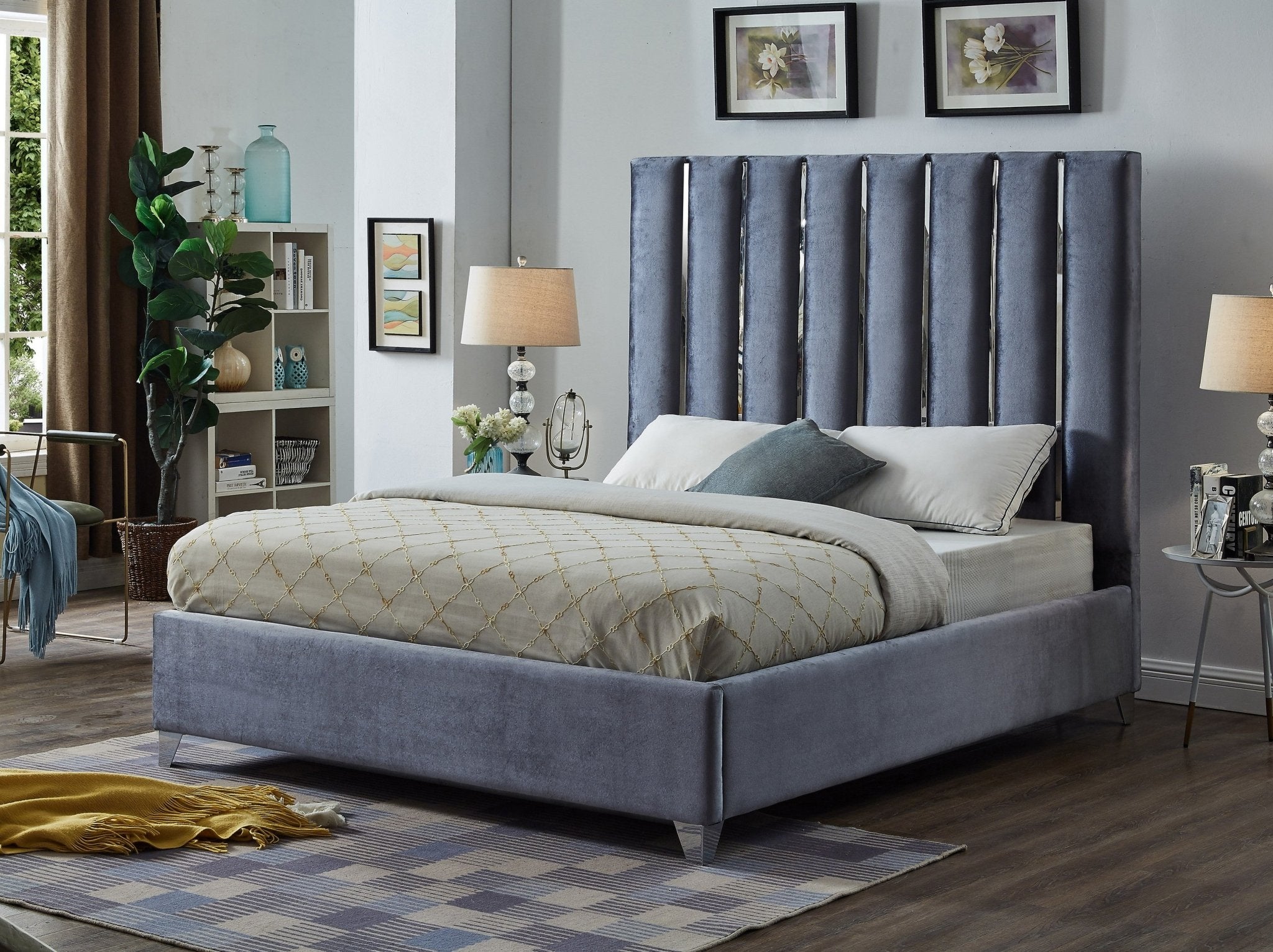 Luxury Velvet Grey Upholstered Bed Frame with Chrome Channel Design - Elegant Modern Bedroom Furniture for Master Bedroom, Guest Room & Apartment Decor