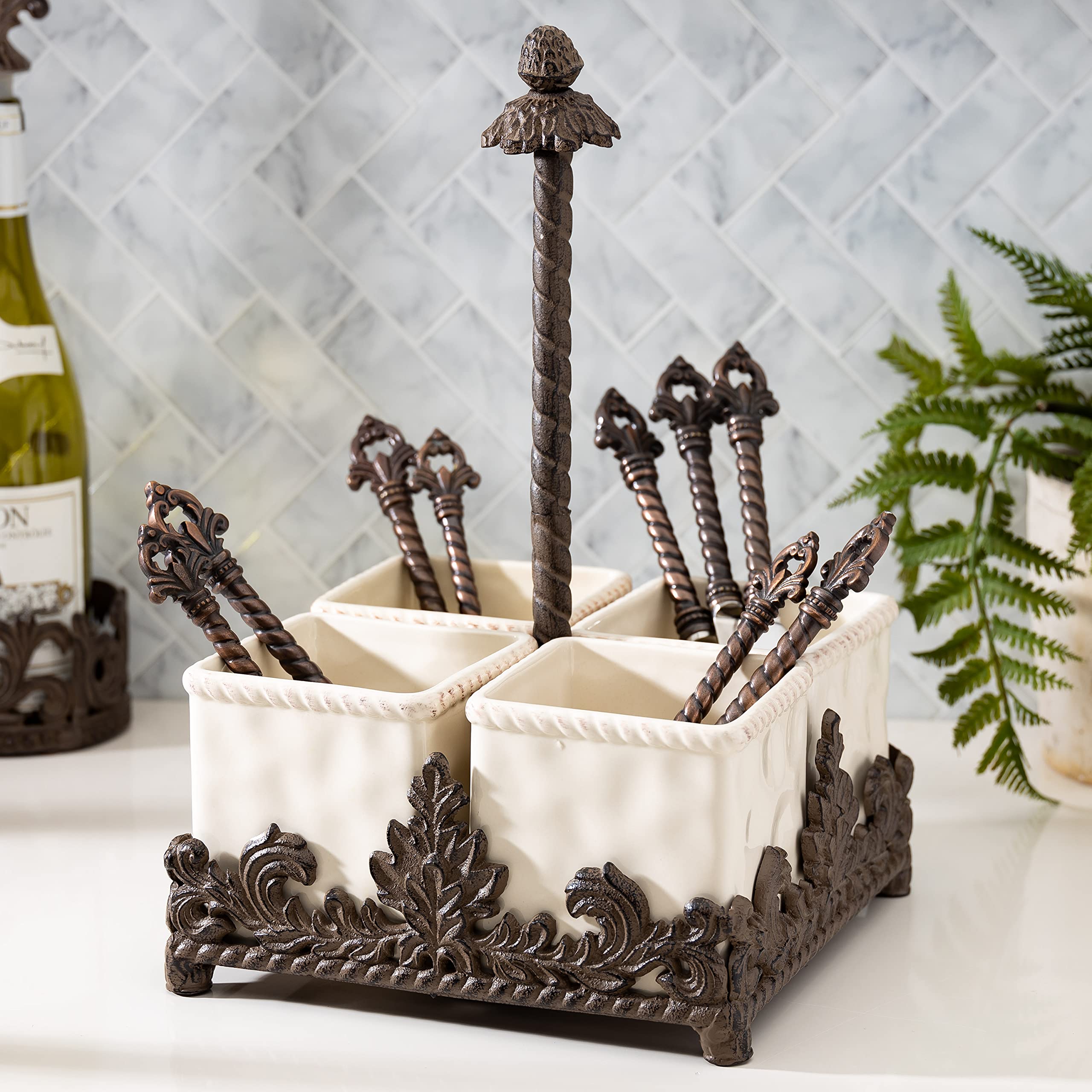 Elegant Cream Ceramic Flatware Caddy with Acanthus Leaf Metal Holder - Perfect for Dining Table Organization & Kitchen Utensil Storage