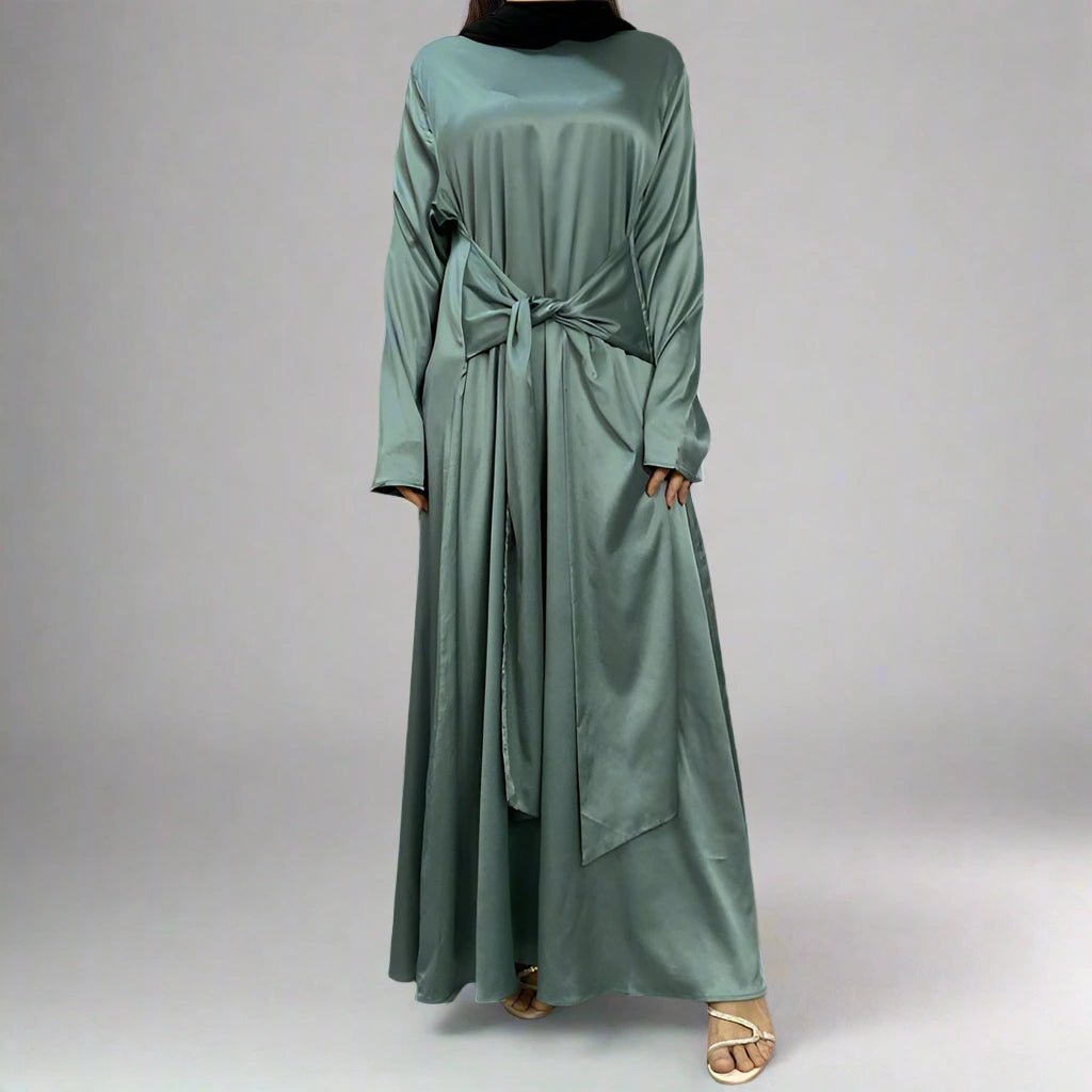 2 Piece Satin Open Abaya Dress Set for Women - Elegant Muslim Prayer Dress & Modest Evening Wear - Perfect for Ramadan, Eid, Mosque & Special Occasions