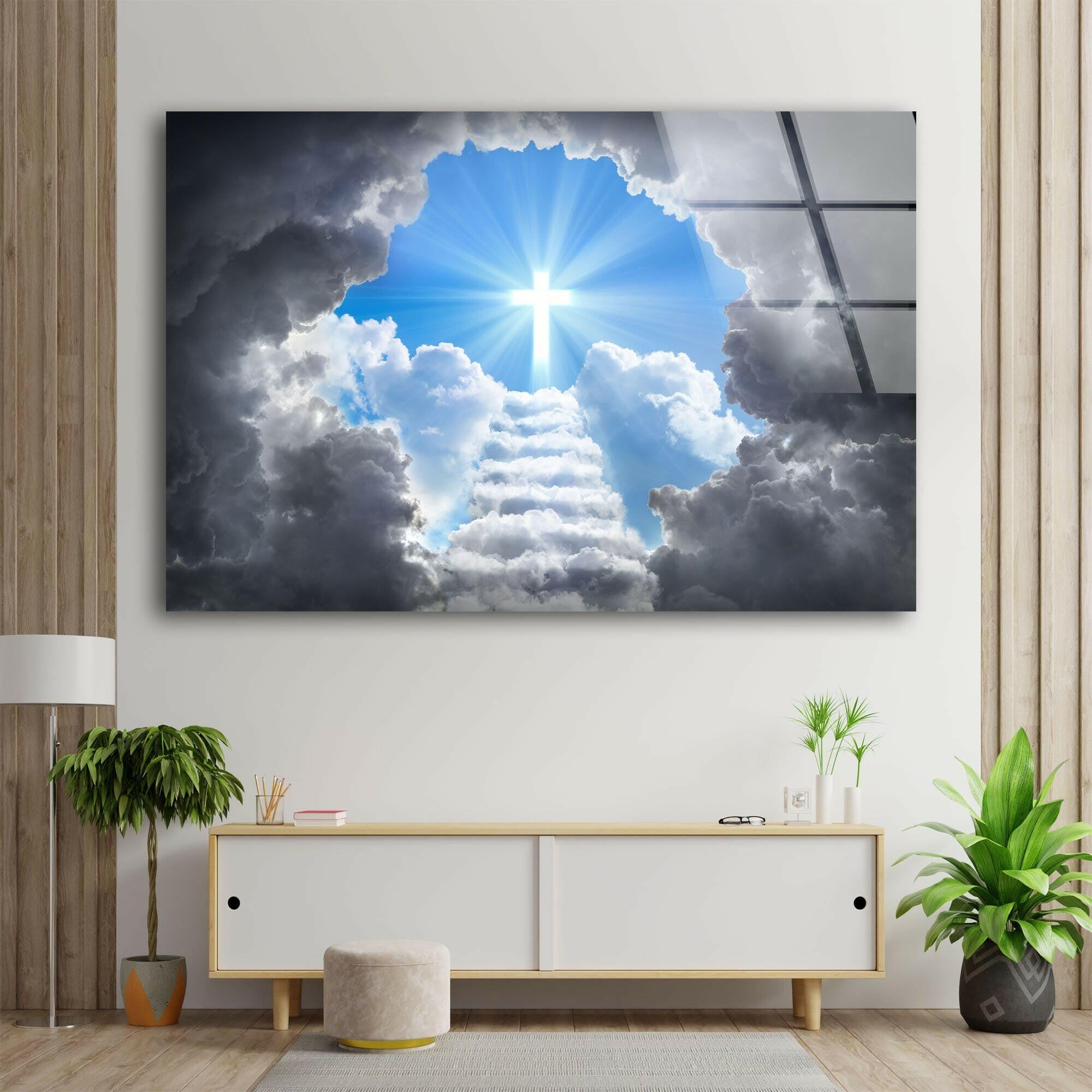 Stunning Cross of Light Shining Glass Wall Art - Elegant Religious Home Decor for Living Room, Bedroom & Church