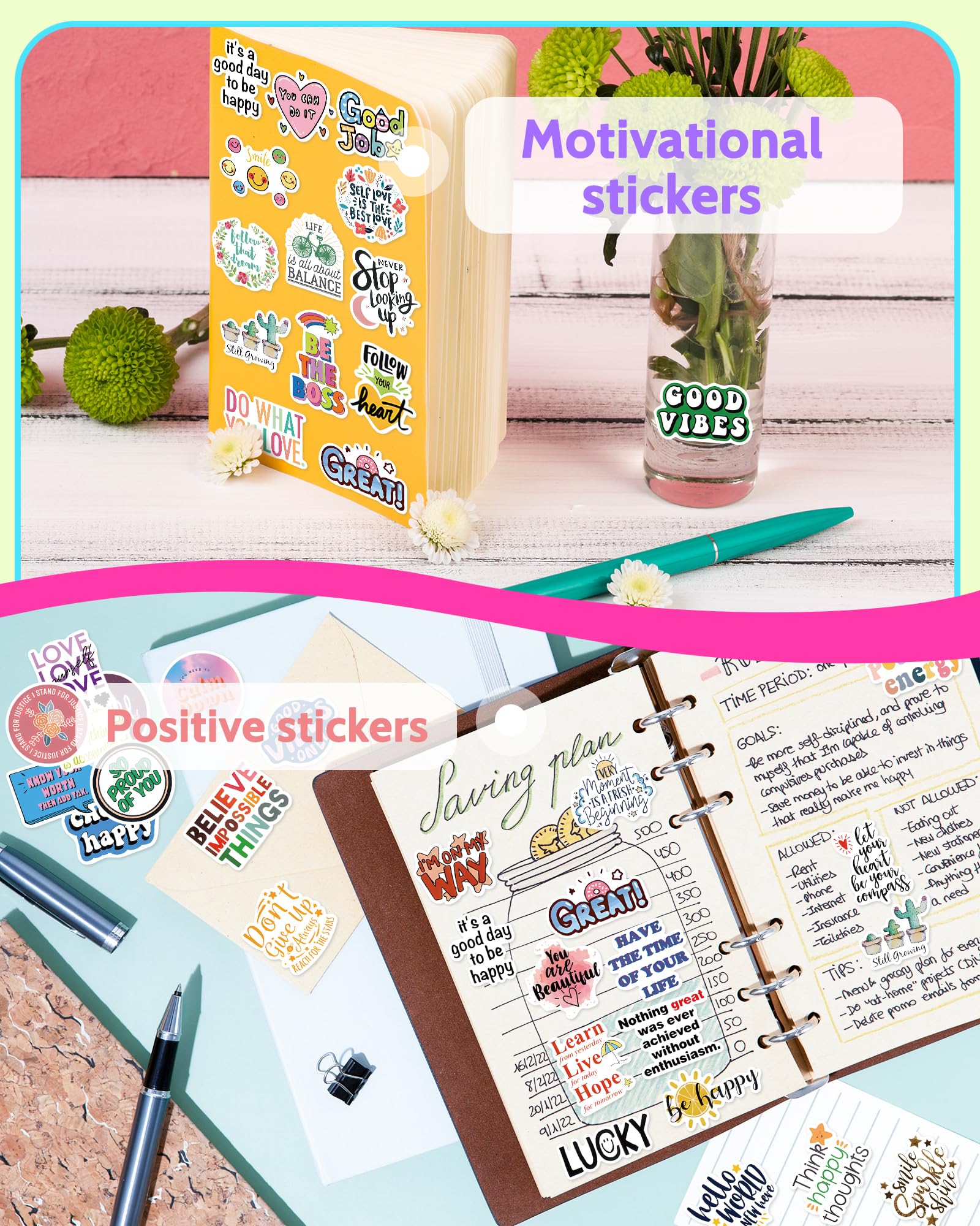 Benresive 100 Pcs Motivational Stickers for Adults & Kids - Inspirational Water Bottle Decals, Positive Affirmation Mental Health Stickers, Vision Board & Scrapbook Supplies - Perfect for Daily Encouragement, Journaling & Self-Care