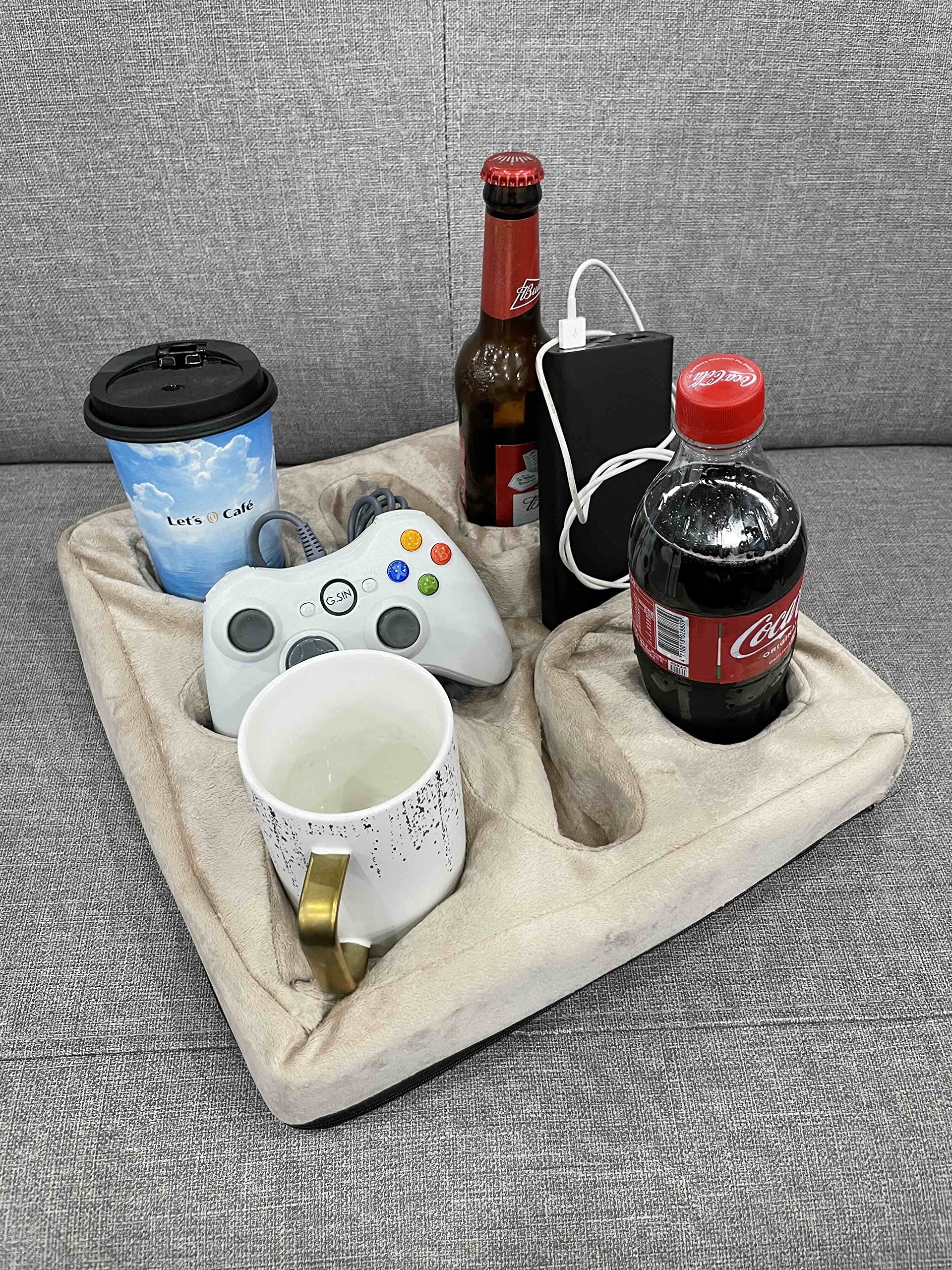 Xchouxer Couch and Bed Cup Holder Pillow - Sofa Armrest Tray for Drinks, Remote Control & Snacks - Beige Cushion Organizer - Perfect for Movie Nights, Gaming & Relaxing in Bed or Living Room