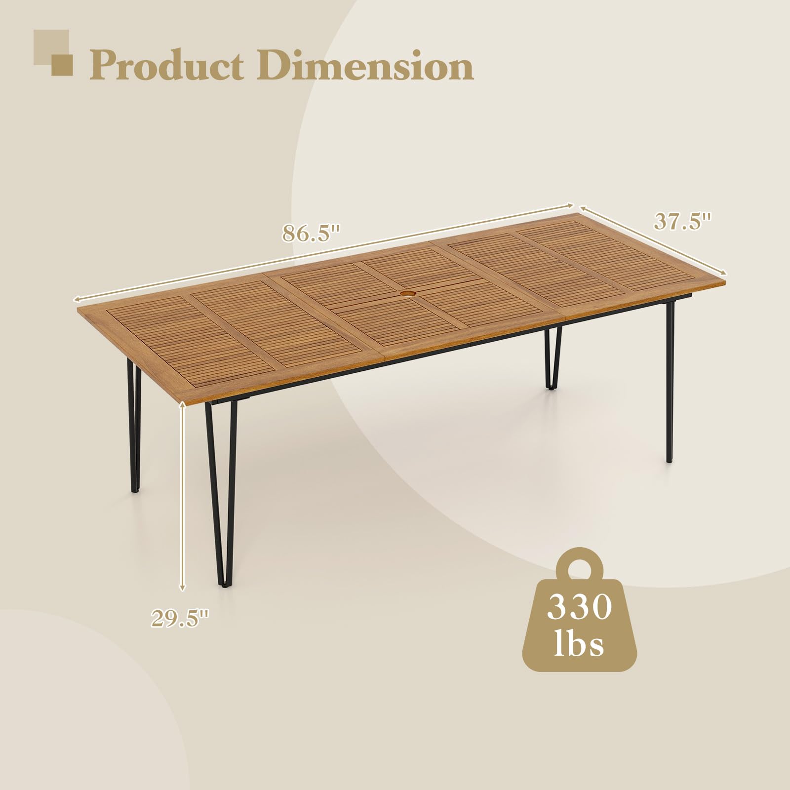Tangkula 86.5-Inch Outdoor Dining Table with Acacia Wood Tabletop & Metal Legs - Rectangular Patio Table with Umbrella Hole for Garden, Deck, Backyard - Seats 8 People (86.5