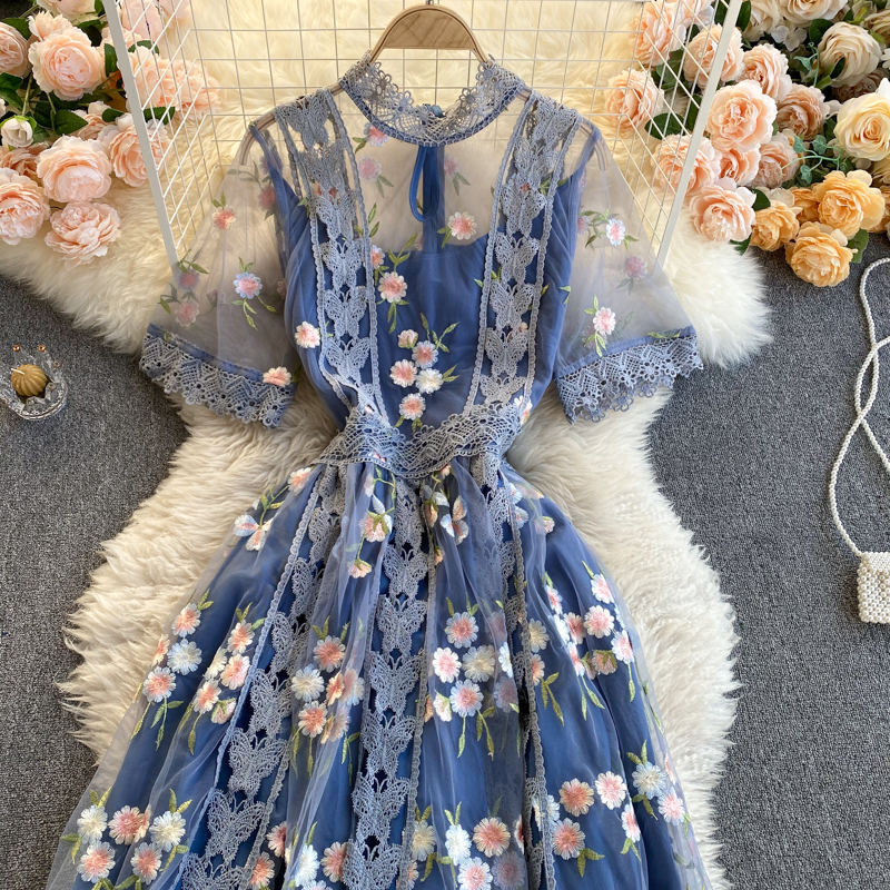 Fairy Women's Round Neck Short Sleeve Mesh Embroidery Floral Summer Dress - Elegant Casual Skirt for Party, Wedding & Date Night