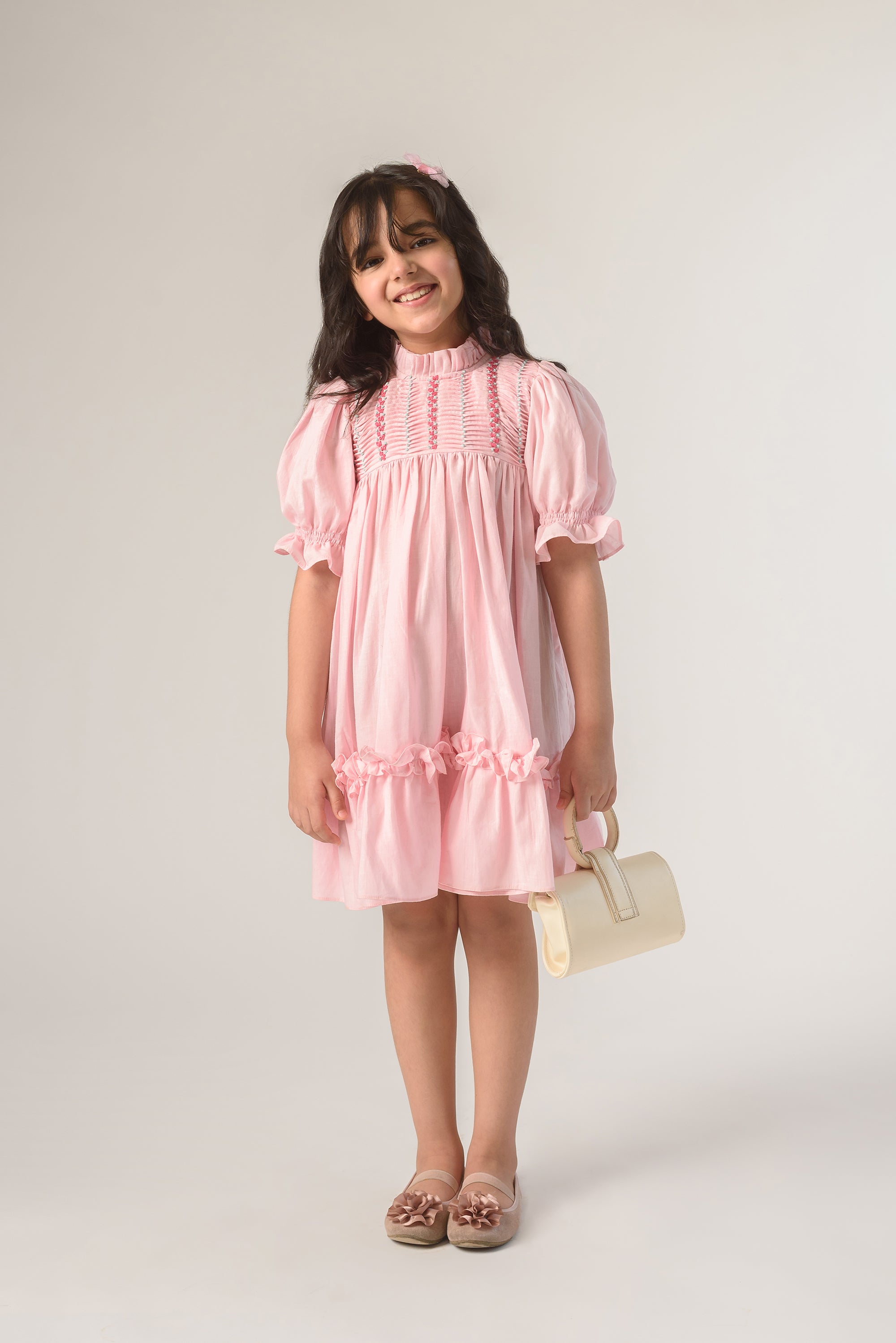 Valley of Flowers Embroidered Organic Cotton Pink Dress for Girls | Floral Stitch Detail Comfortable Kids Outfit | Perfect for Birthday Parties, School Events & Family Photos
