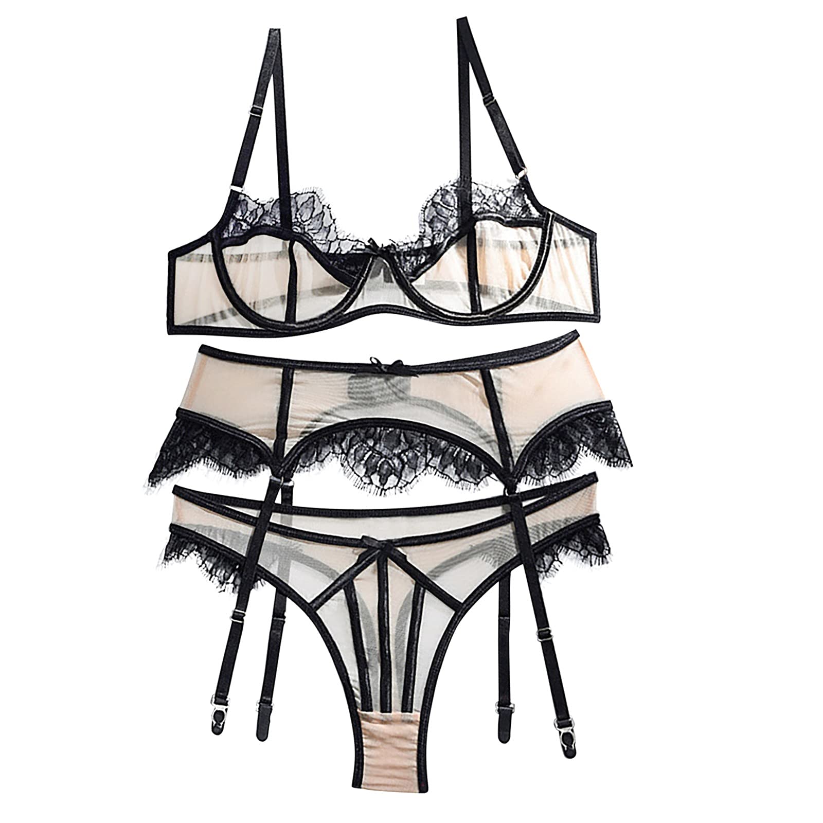 Sexy Lingerie Set for Women - 3 Piece Lace Bra, Garter & Thong with Pearl Details | Mesh Underwear for Romantic Nights & Special Occasions