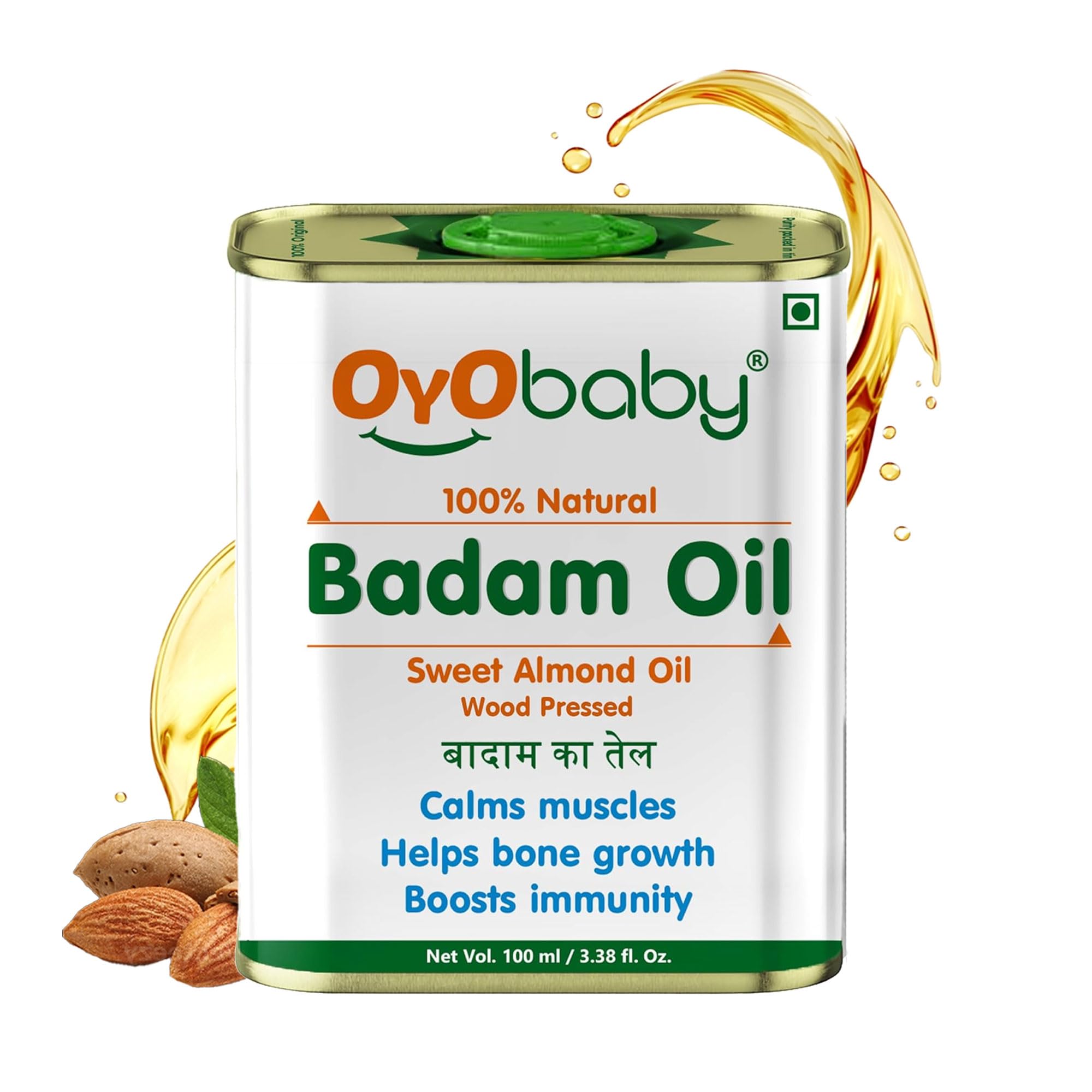 OYO BABY 100% Pure & Natural Almond Massage Oil for Babies - 100ml | Promotes Faster Physical Growth, Stronger Bones & Muscles | Cold Pressed Baby Hair Oil | Ideal for Infant Massage, Skin Hydration & Hair Care