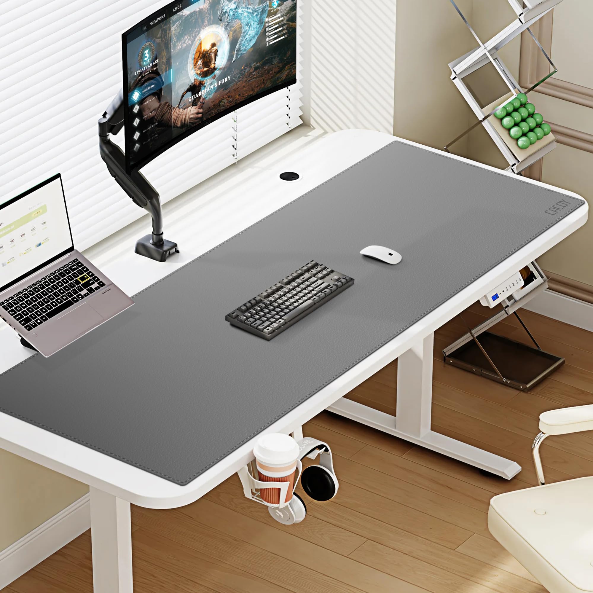 Premium PU Leather Desk Pad Protector - 48x20 Inches Waterproof Office Desk Blotter - Non-Slip Gaming Mouse Pad (Grey) for Workstation & Home Office - Perfect for Computer Work, Writing & Gaming