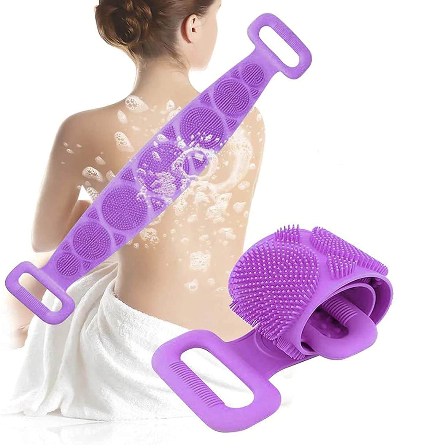 Xtore Silicone Back Scrubber Belt - Exfoliating Body Brush for Dead Skin Removal, Shower & Bath Accessories for Women & Men (Purple) - Perfect for Deep Cleansing, Spa Days & Relaxing Self-Care Routines