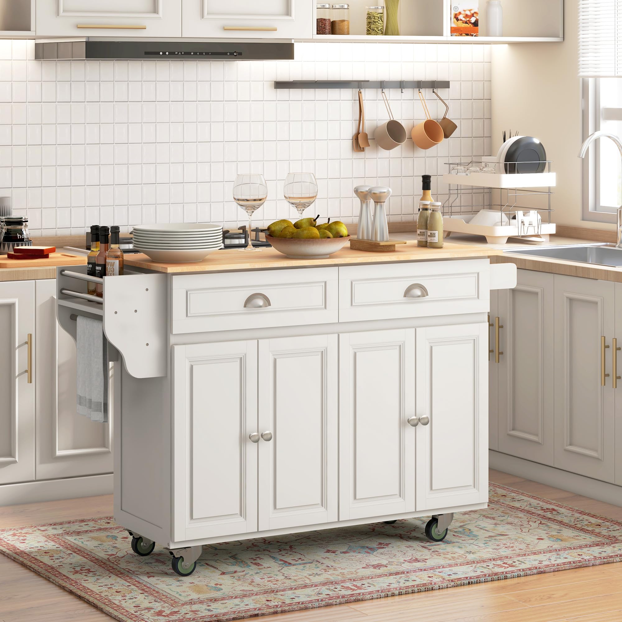 HOMCOM Rolling Kitchen Island Cart with Drop Leaf, 2 Drawers & 2 Cabinets - Mobile Kitchen Cart with Rubber Wood Top for Small Spaces - Cream White Storage Solution for Dining Room, Apartment & Home Cooking