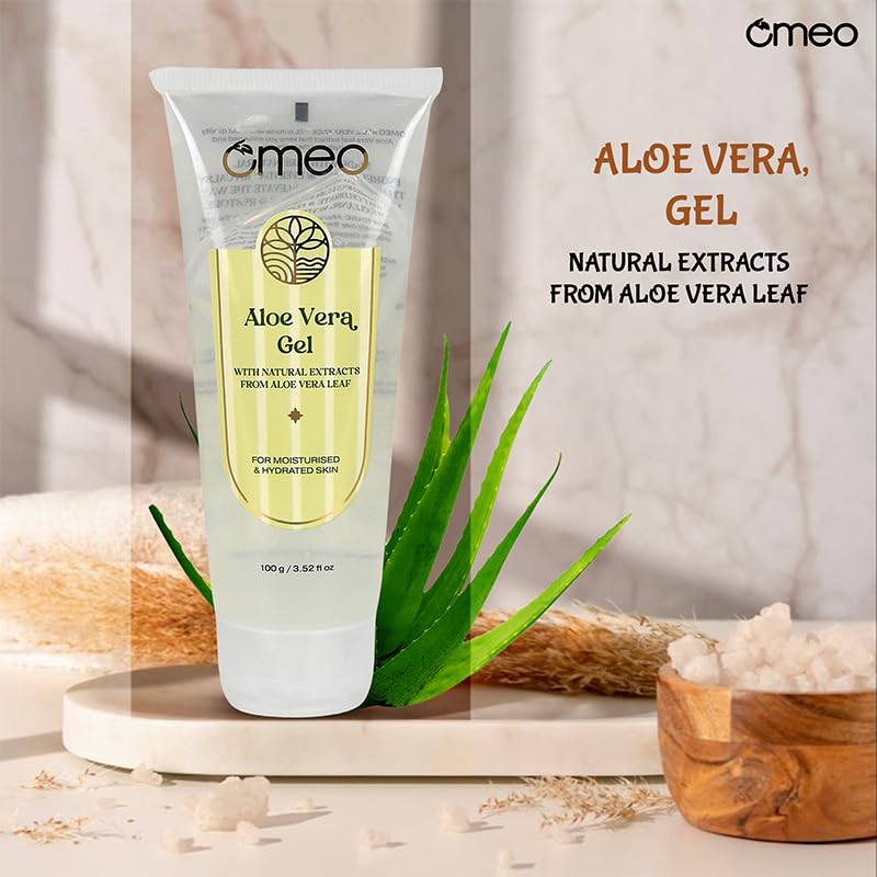 Omeo 100% Organic Aloe Vera Gel for Face & Hair - 100gm | Hydrating, Soothing & Non-Sticky | Reduces Pimples & Acne | Perfect for Sunburn Relief, Daily Skincare & Hair Conditioning