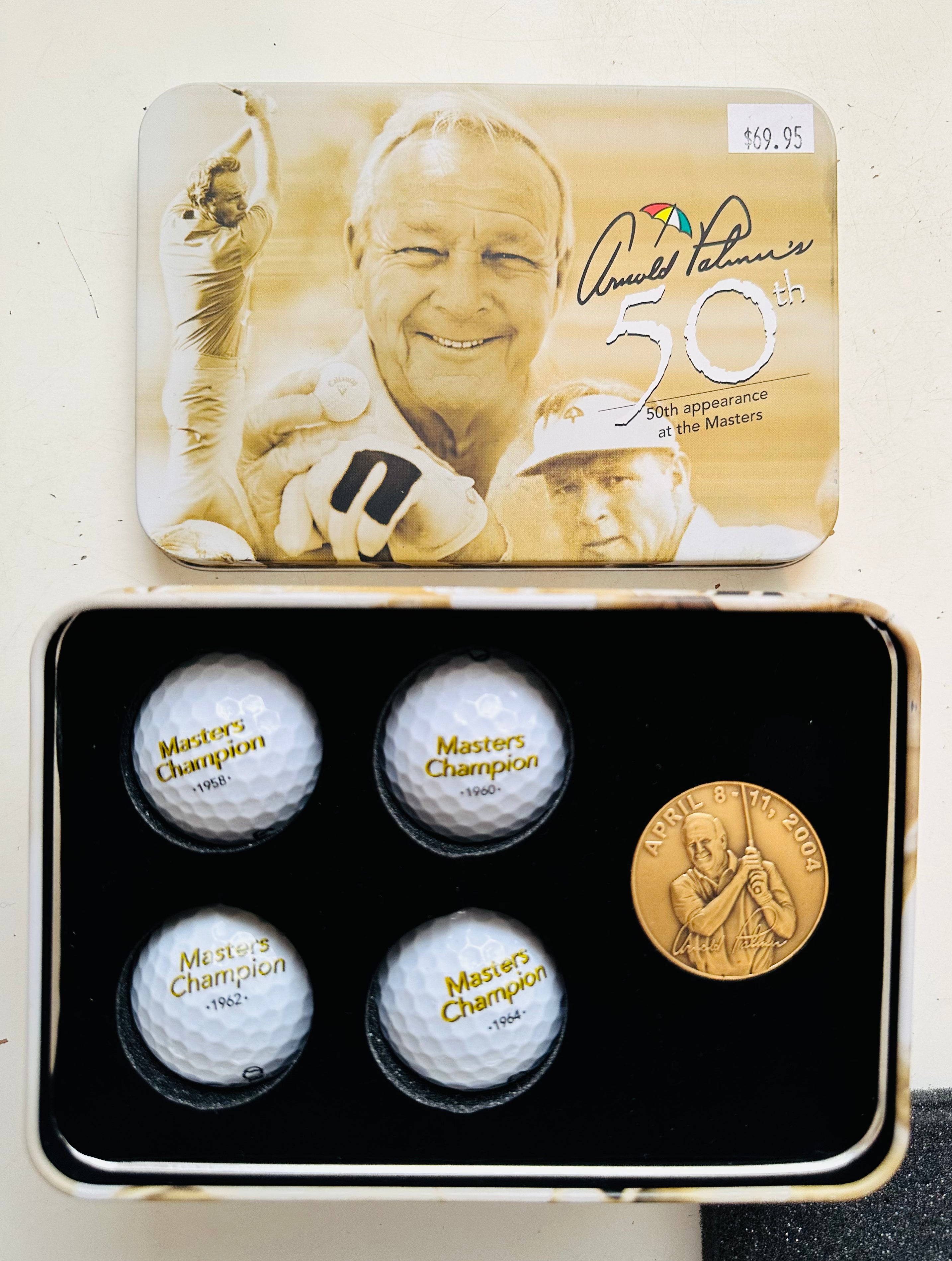 Arnold Palmer 50th Masters Commemorative Golf Balls & Coin Tin Set - Limited Edition Collectible for Golf Enthusiasts - Perfect for Display, Gifts, and Golf Memorabilia Collections