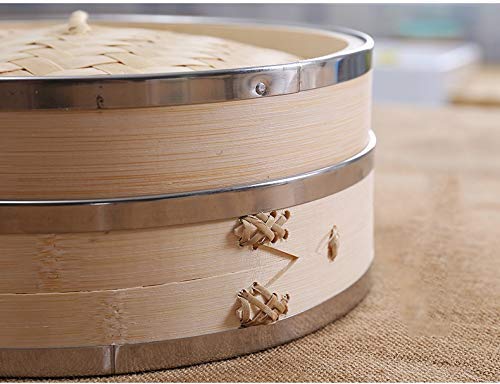 2 Tier Bamboo Steamer Basket 10 Inch - Asian Cooking Essential for Dumplings, Buns, Vegetables & Fish - Natural Bamboo Rice Steamer with Lid - Perfect for Dim Sum, Sushi, Healthy Meals & Meal Prep