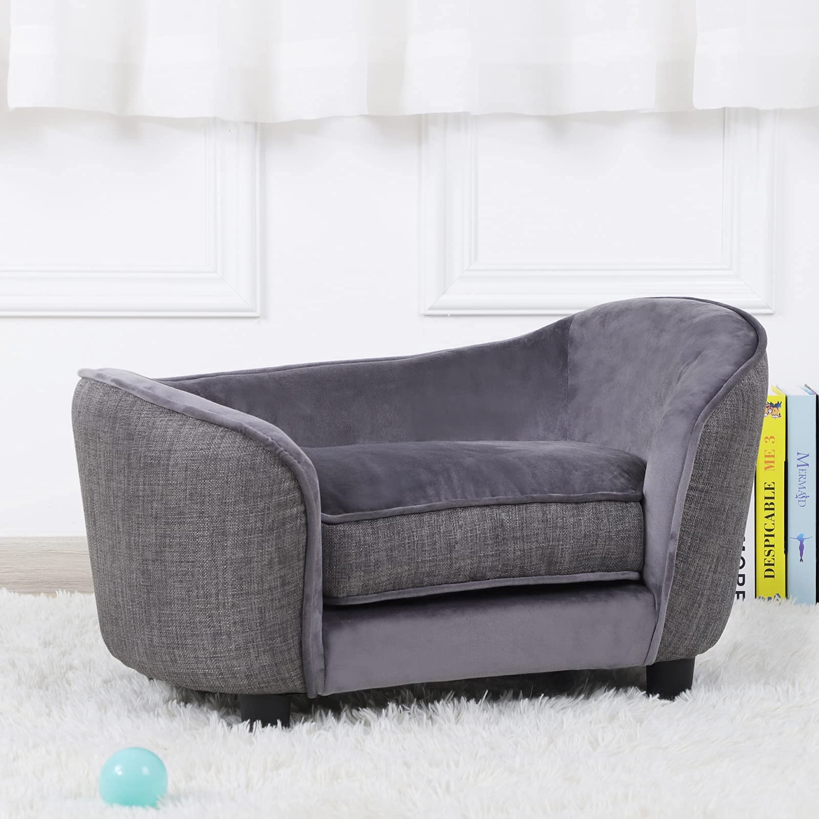 Premium Velvet & Linen Pet Sofa Bed - Washable Dog Couch for Small Dogs & Cats, Comfortable Gray Pet Bed for Living Room, Bedroom & Home Decor