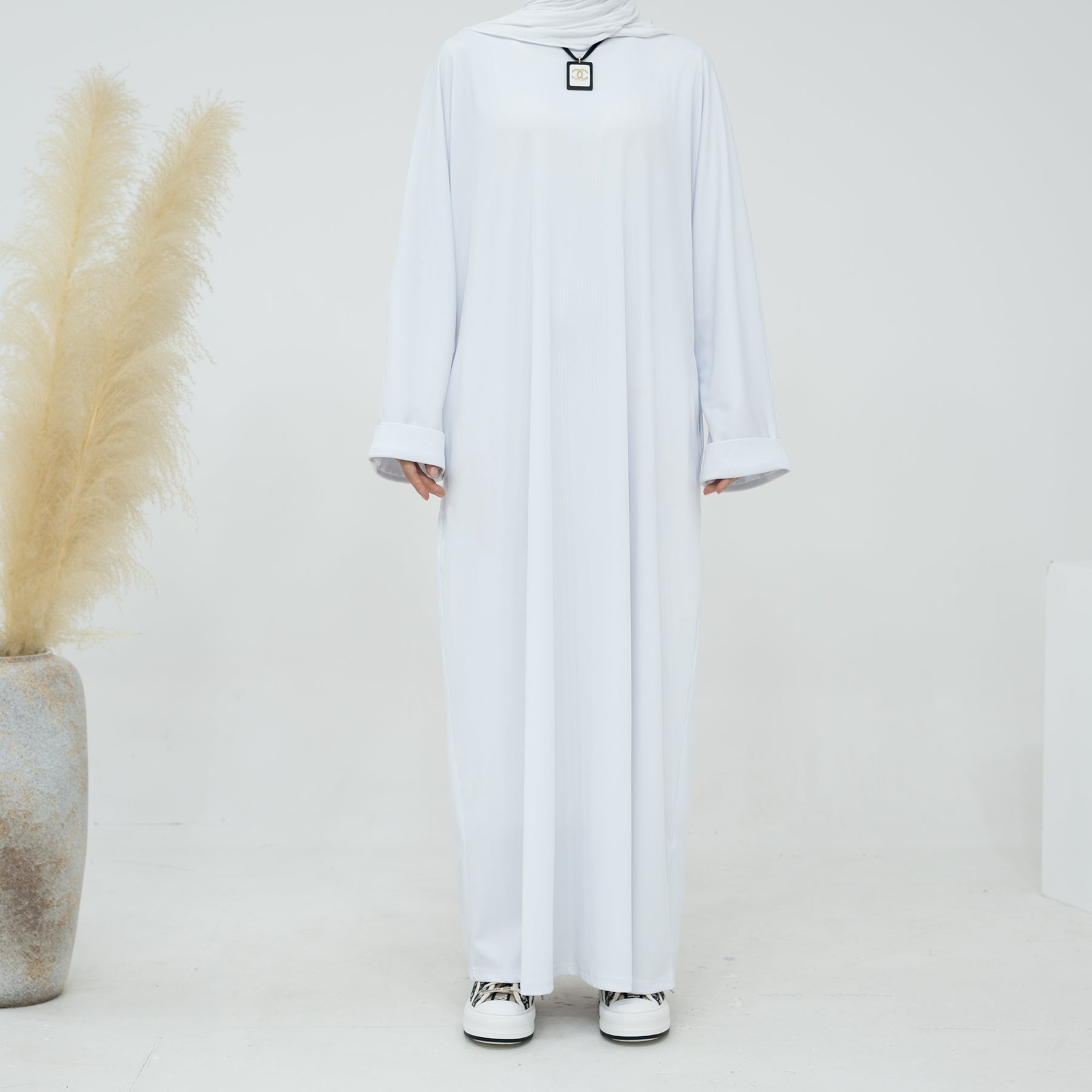 Women's Long Sleeve Folded Cuff Sweaterdress - Soft Knit Winter Dress in White | Perfect for Office Wear, Holiday Parties & Casual Outings