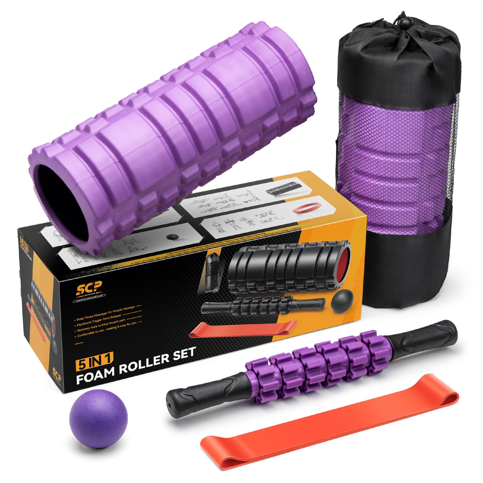 5-in-1 Foam Roller Set for Deep Tissue Massage & Muscle Recovery - Trigger Point Therapy, Exercise Foam Roller, Massage Ball & Stretching Strap - Full Body Workout & Pain Relief (Purple) - Perfect for Gym, Yoga, Physical Therapy & Home Fitness