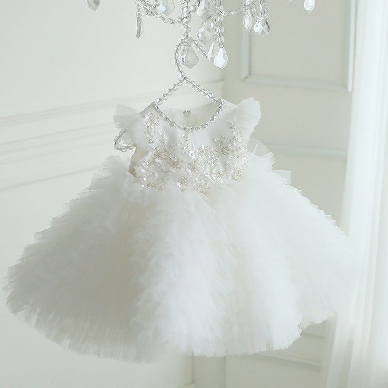 Elegant White Lace Tulle A-Line Flower Girl Dress with Cap Sleeves - Perfect for Weddings, Tea Parties, and Special Occasions