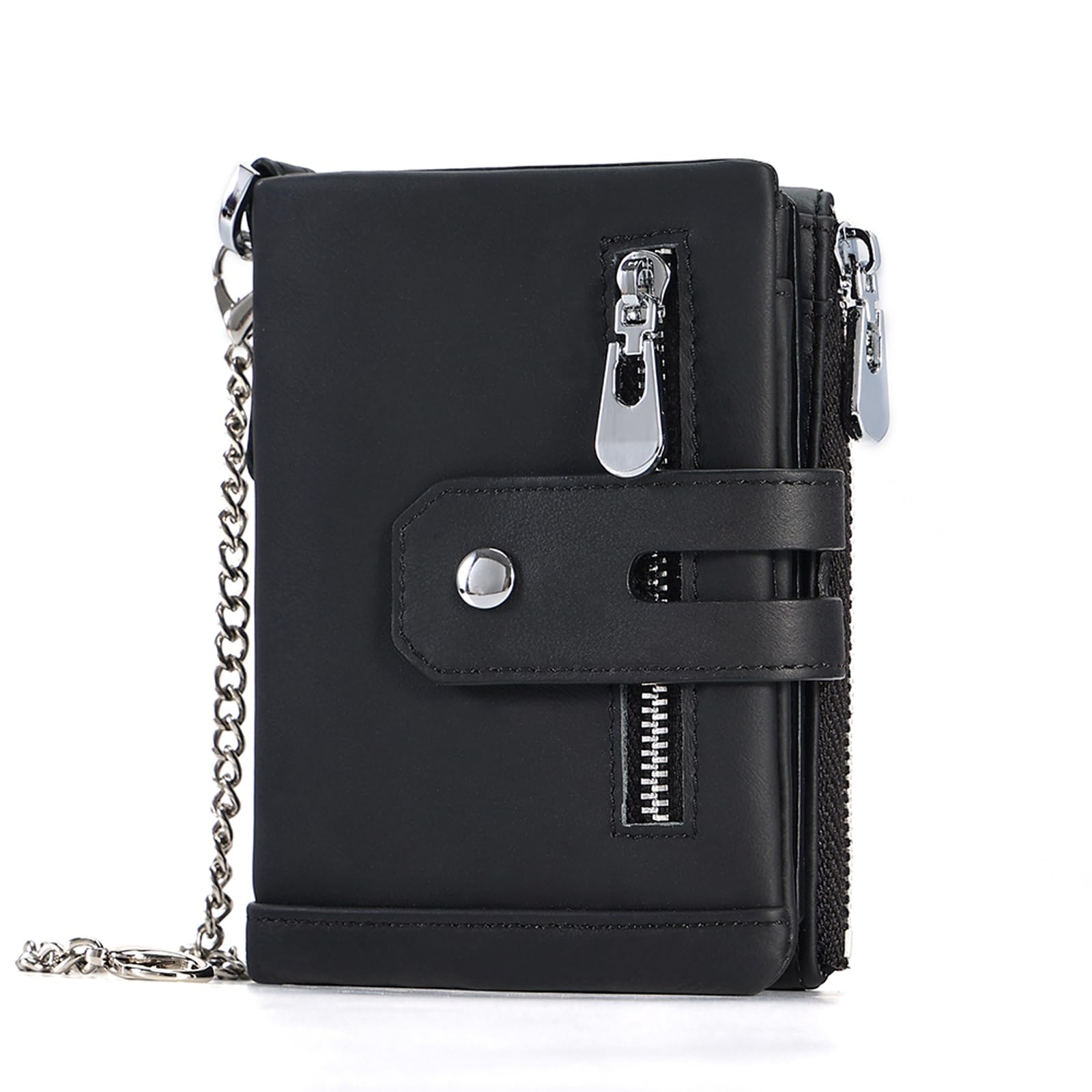 Boshiho Men's RFID Blocking Leather Wallet with Chain - Genuine Leather Bifold Wallet with Double Zipper, Coin Pocket & Anti-Theft Chains | Perfect for Travel, Daily Use & Gift Giving