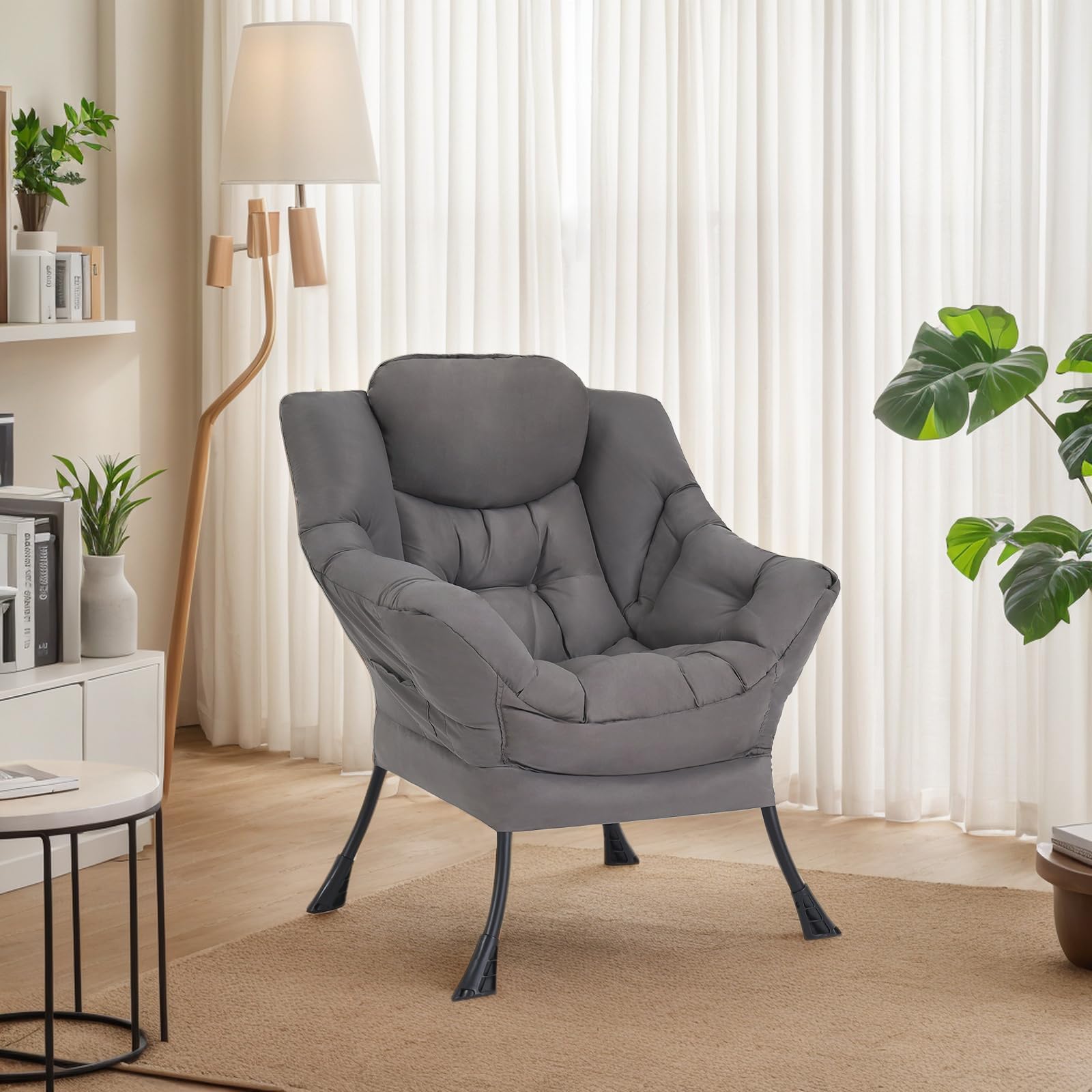 Welnow Modern Lazy Chair - Armrest Lounge Accent Chair with Side Pocket, Upholstered Leisure Sofa for Small Spaces, Bedroom, Dorm | Perfect for Reading, Relaxing & Netflix Binge-Watching in Dark Grey