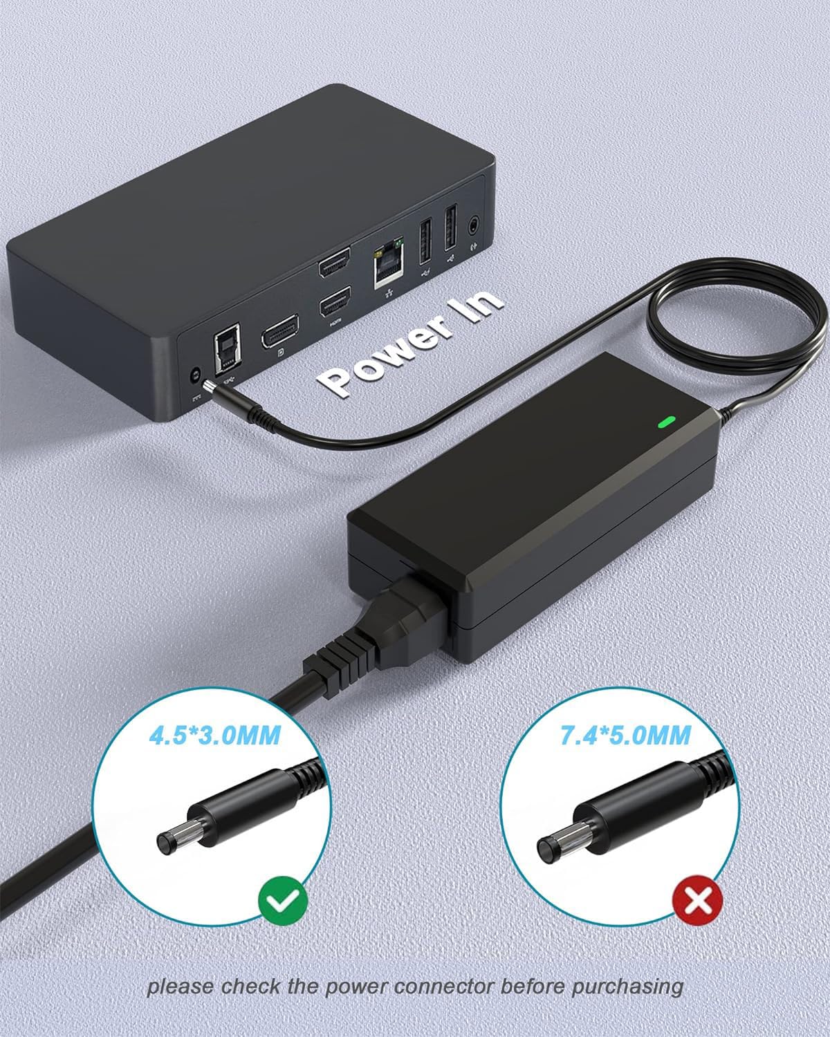 65W Power Adapter Replacement for Dell Docking Station D3100 D1000 - Compatible with Ultra HD/4K Triple Display Docks 5M48M 452-BBPG 5RR7X - Perfect for Home Office & Multi-Monitor Workstations