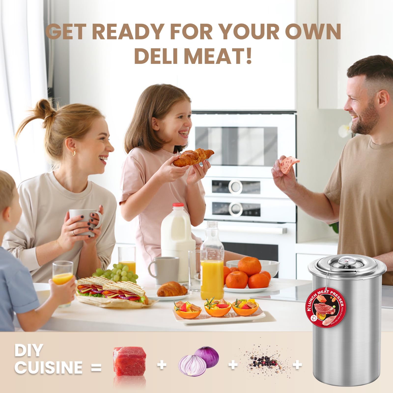 NEWTRY 304 Stainless Steel Deli Meat Press & Ham Maker with Thermometer - Homemade Sandwich, Lunch Meat Cooker for Deli, BBQ, and Meal Prep - Perfect for Restaurants, Home Kitchens, and Camping