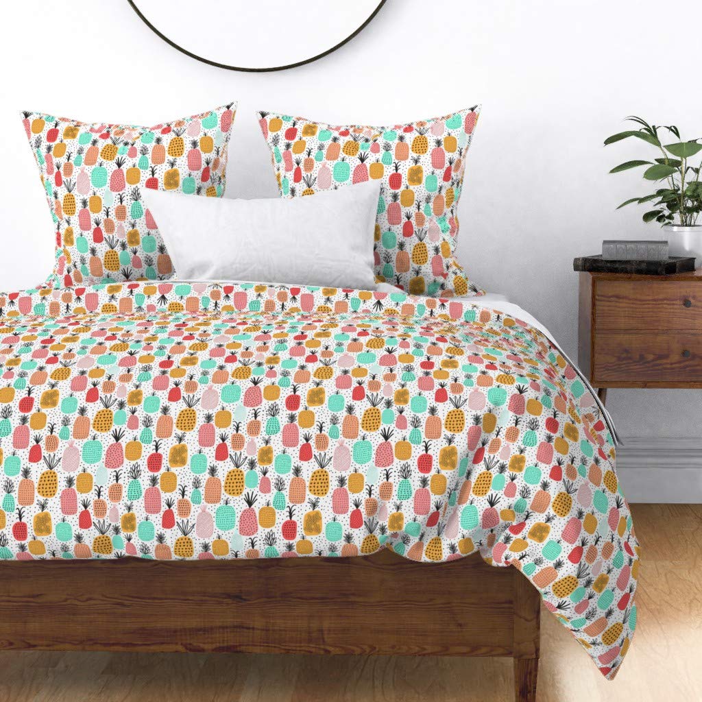 Pineapple Fruit Pattern Cotton Sateen Duvet Cover King/California King - Bright Geometric Tropical Print Summer Bedding for Girls Room | Cute Colorful Custom Duvet for Beach House & Tropical Themed Bedrooms