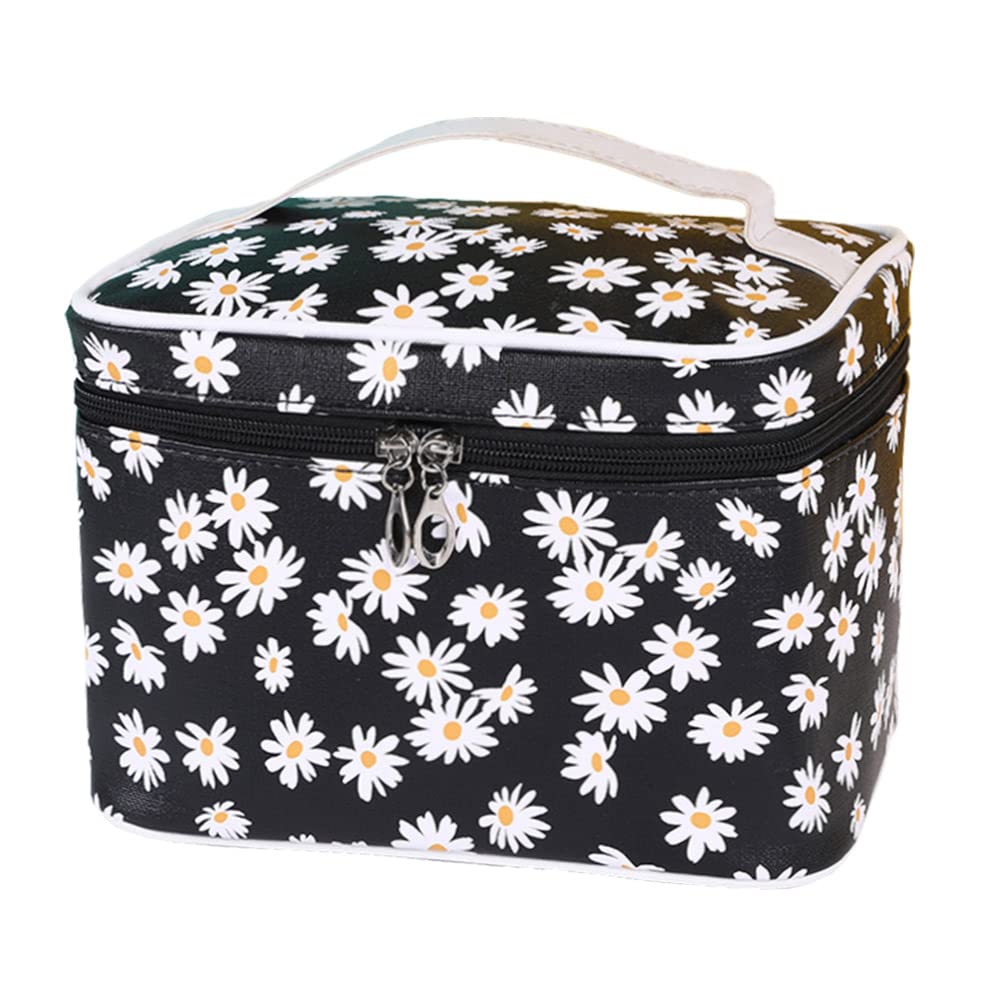 HOYOFO Large Waterproof Makeup Bag for Women - Travel Cosmetic Organizer with Brush Holder, PU Toiletry Storage Bag (Black Daisy) - Perfect for Travel, Gym & Daily Beauty Essentials