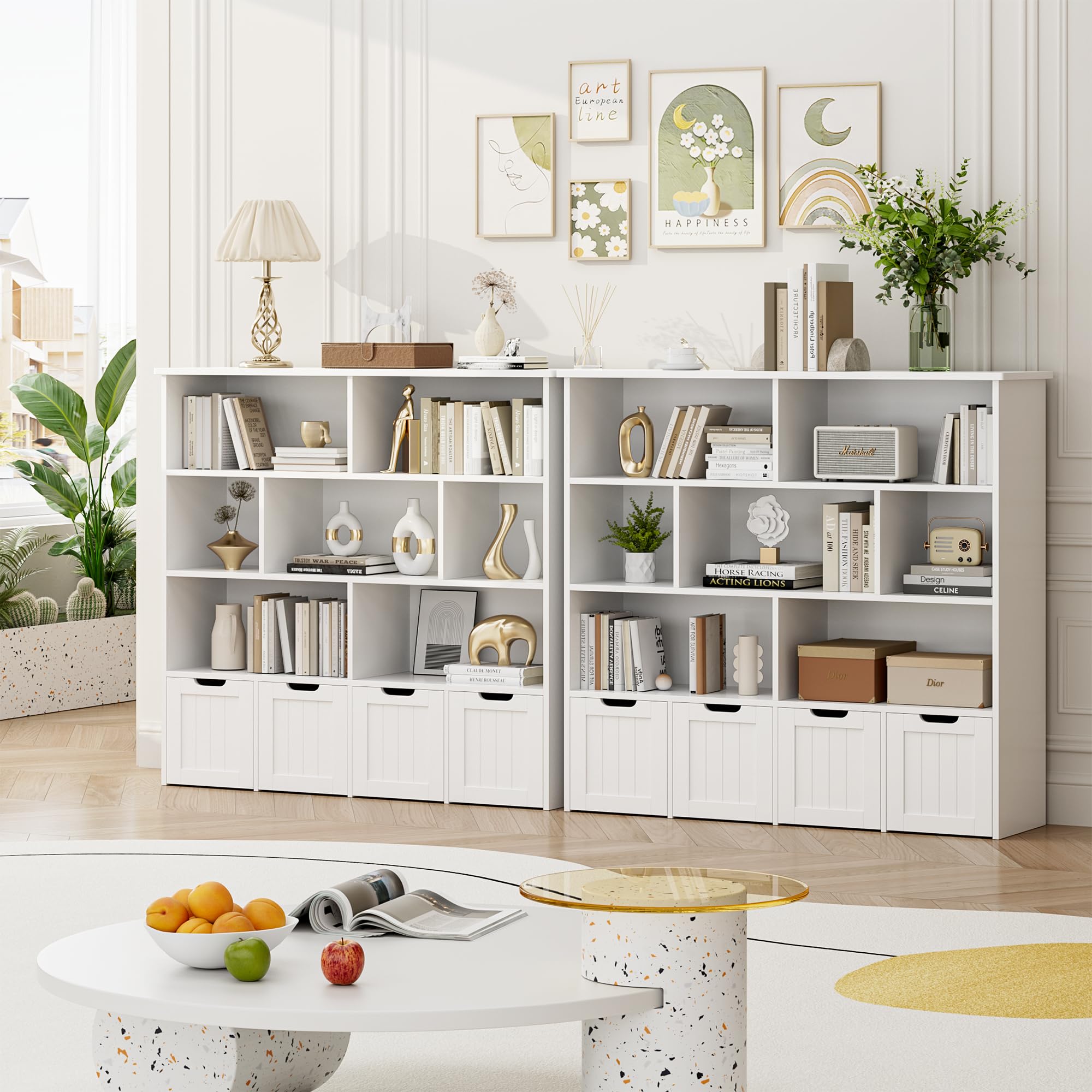 FINETONES Large Toy Storage Organizer with 4 Movable Drawers & 7 Storage Cubbies - Kids Bookshelf, Toy Chest Shelf with Hidden Wheels - Perfect for Playroom, Nursery & Bedroom Organization (White)