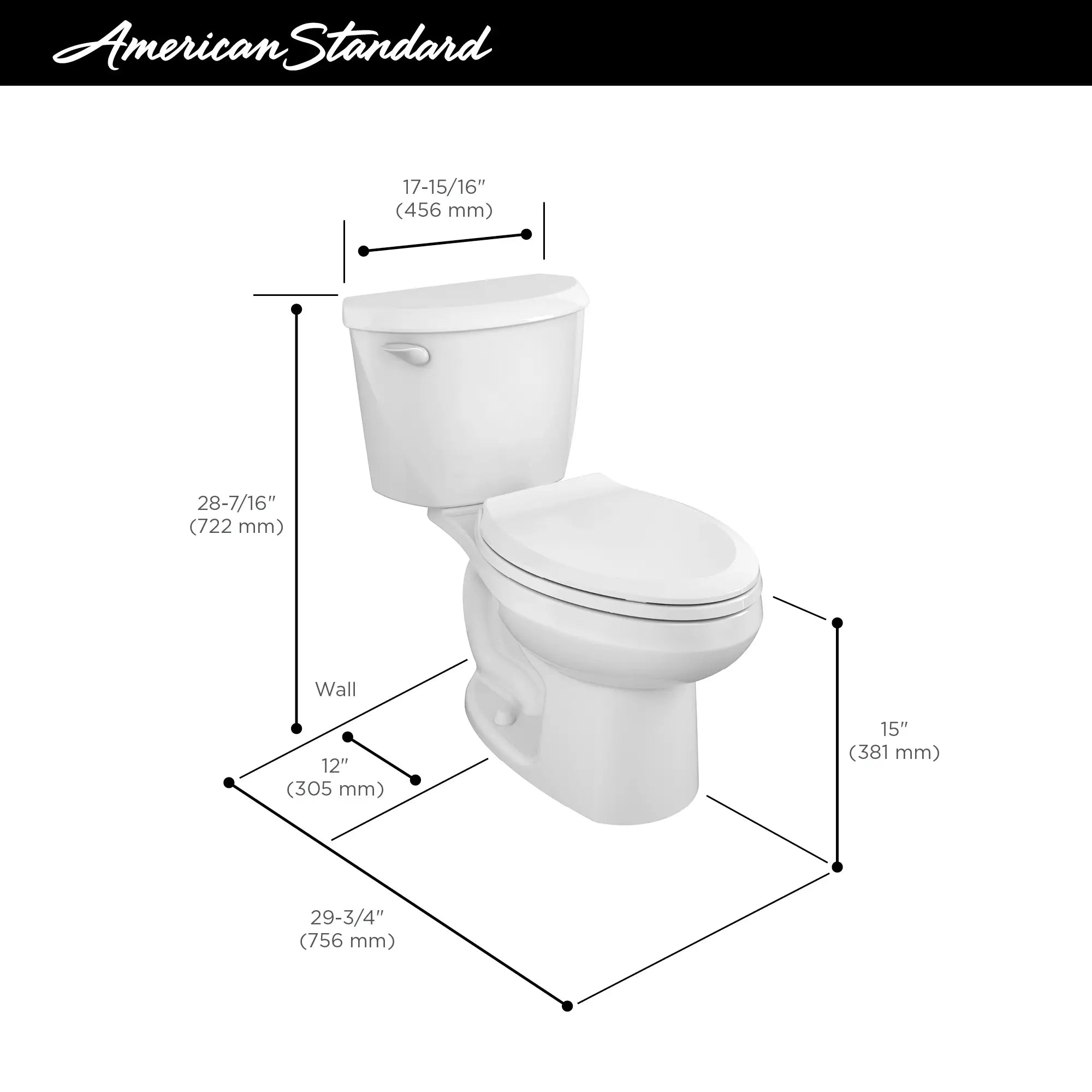 Colony® 3 Two-Piece 1.28 GPF/4.8 LPF Standard Height Elongated Toilet Without Seat - Water-Efficient Bathroom Toilet for Modern Homes & Commercial Spaces