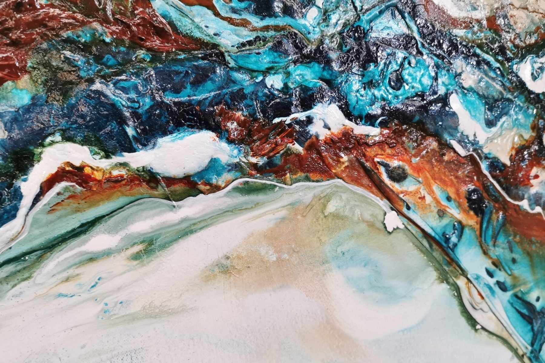 Turquoise Cream Textured Abstract Painting - 270cm x 120cm Crushed Southern Chill Style Wall Art for Living Room, Bedroom & Office Decor
