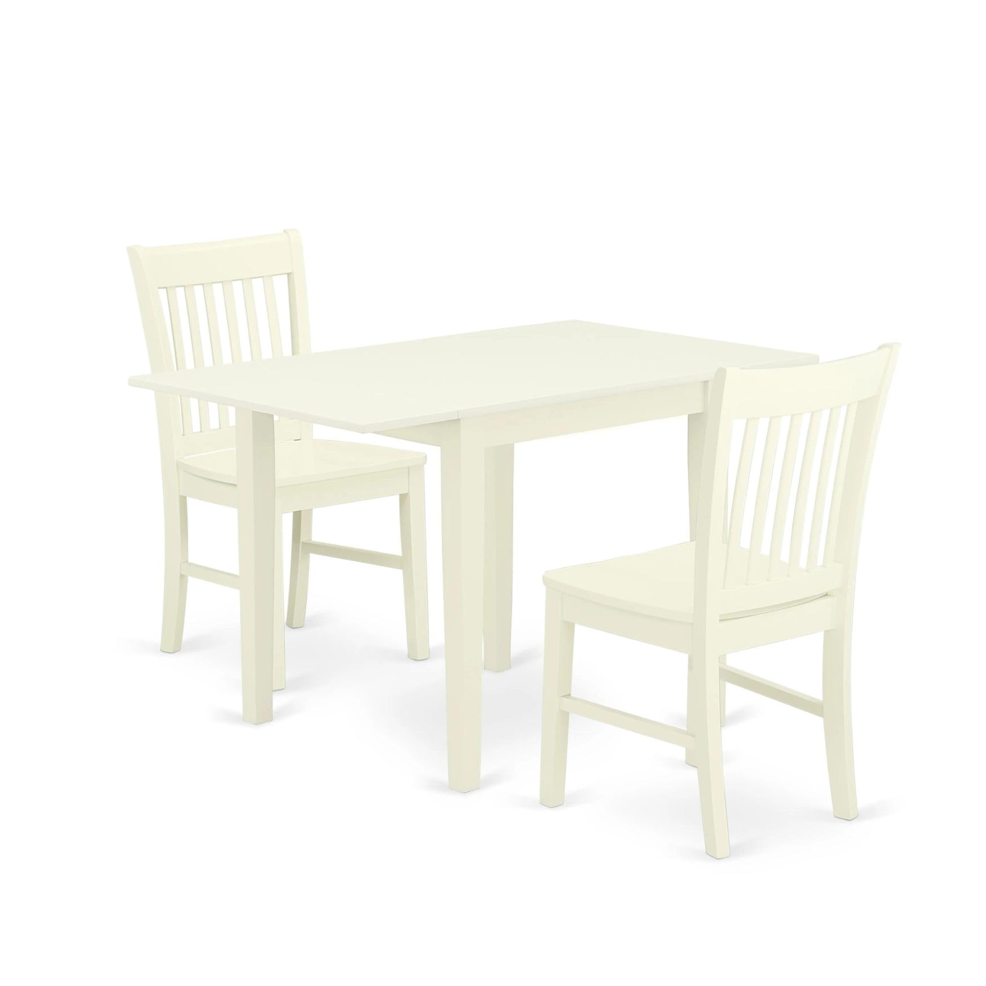 East West Furniture NDNO3-LWH-W 3-Piece White Linen Dining Set with Drop-Leaf Table (30x48 Inch) & 2 Chairs - Perfect for Small Kitchens, Breakfast Nooks & Cozy Apartments