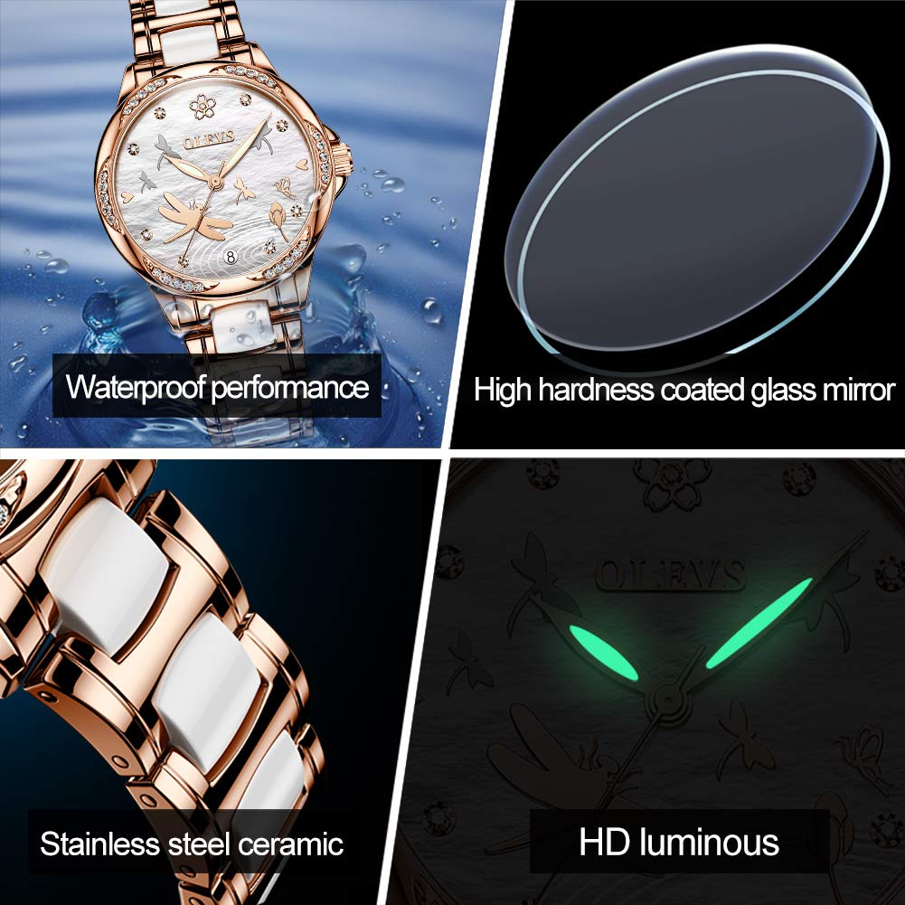 OLEVS Women's Automatic Diamond Dress Watch - Rose Gold Ceramic Bracelet, Stainless Steel Case with Date Function | Perfect for Formal Events, Office Wear & Special Occasions