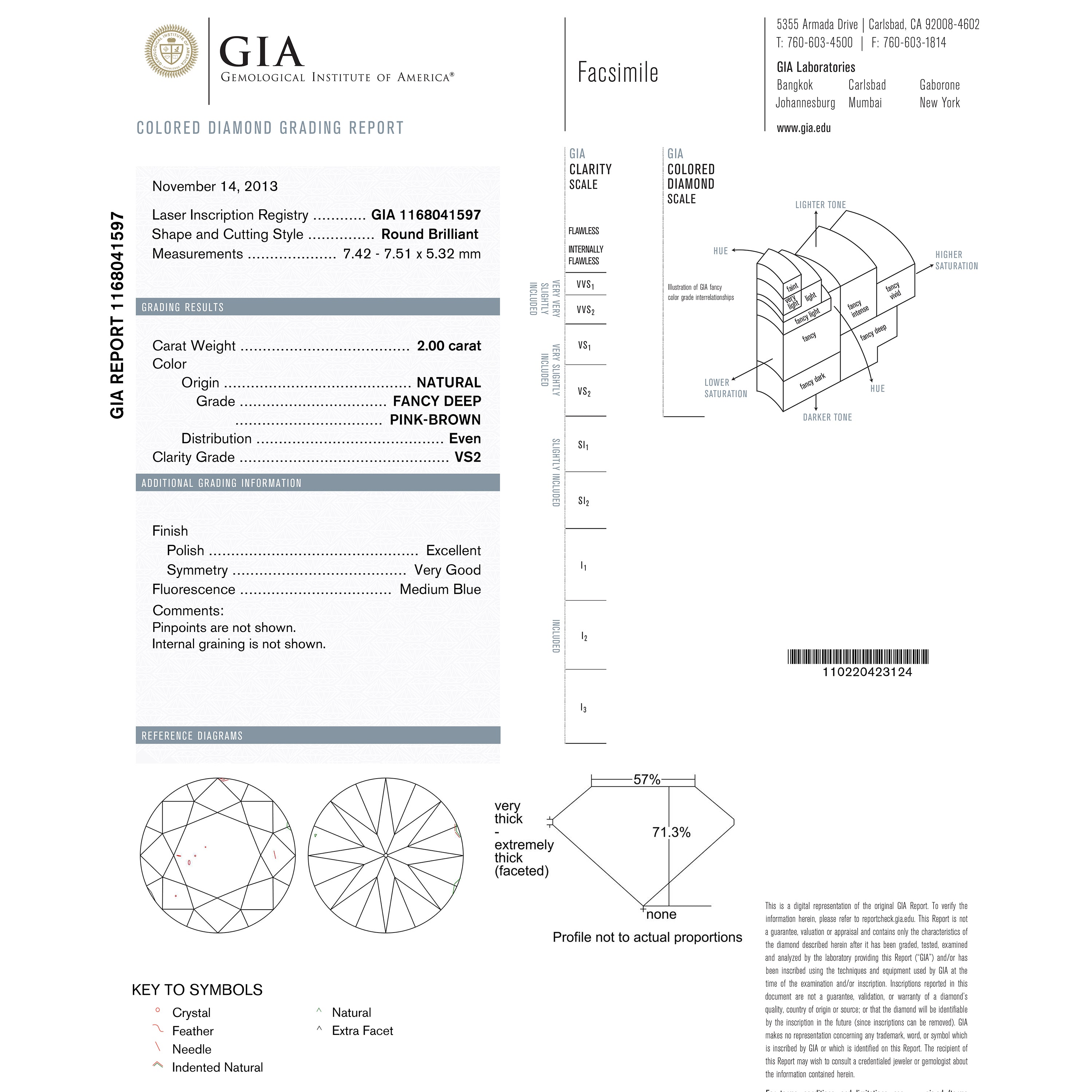 2.00ct GIA Certified VS2 Fancy Deep Pink Brown Round Brilliant Diamond - 7.51x7.42x5.32mm (24165 01) - Perfect for Engagement Rings & Luxury Jewelry