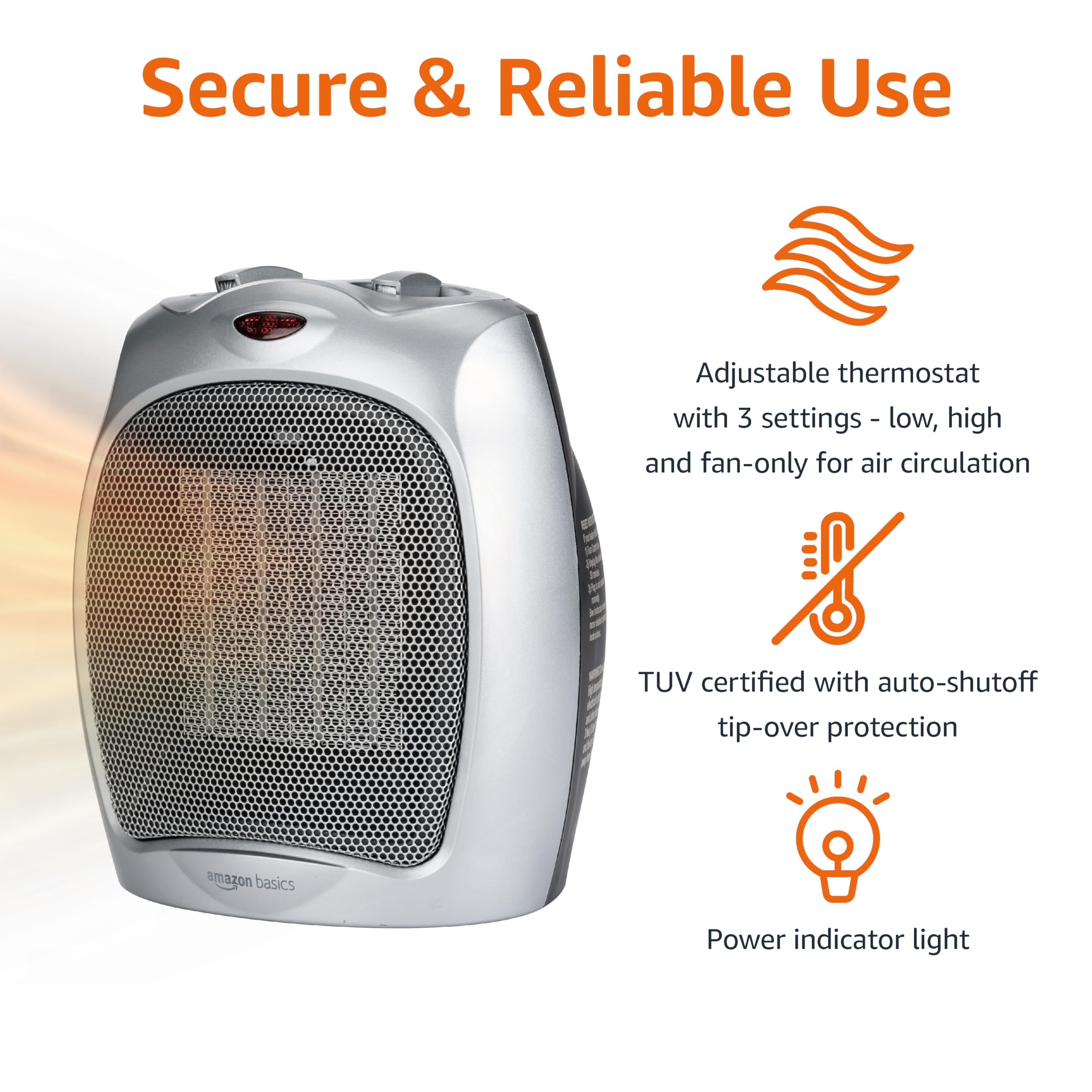 Amazon Basics Ceramic Space Heater - 1500W Portable Electric Heater with Thermostat, Overheat & Tip-Over Protection for Home, Office, Bedroom - Compact 7.52