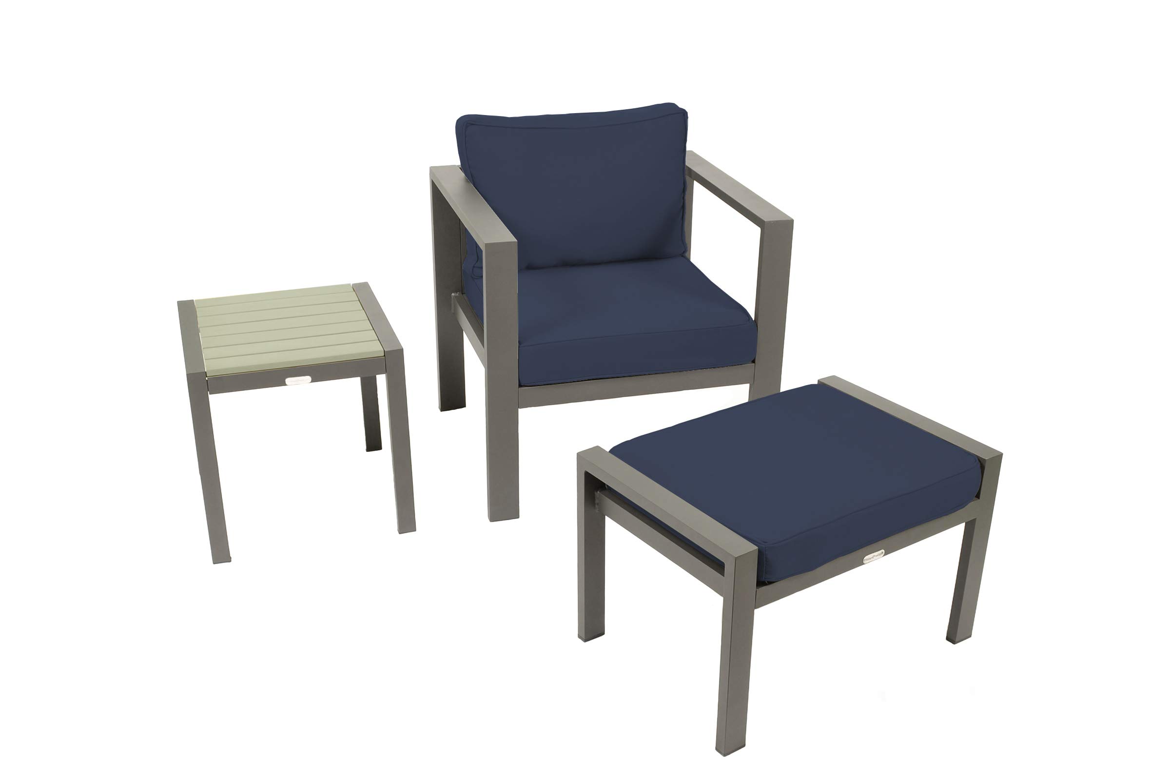 Modern Aluminum Outdoor Club Chair Set with Ottoman & Side Table - Navy Blue Patio Furniture for Garden, Poolside & Backyard Relaxation