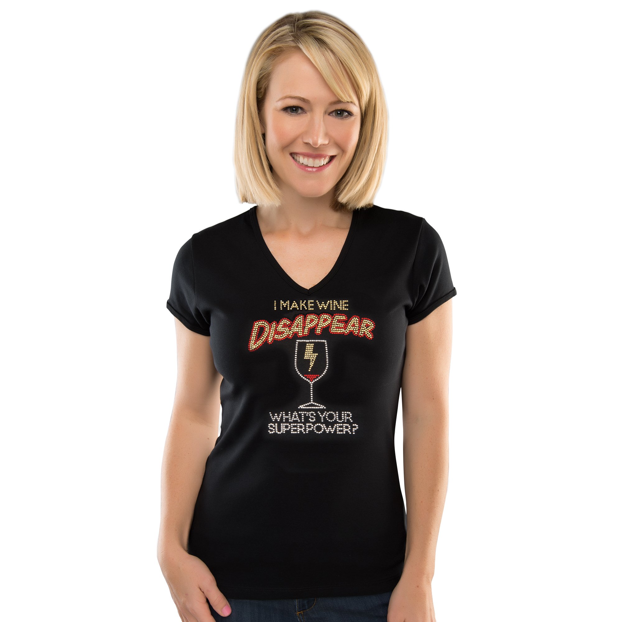 Chris's Stuff Women's V-Neck Rhinestone Cotton T-Shirt - Short Sleeve Casual Tee - Black | Perfect for Everyday Wear, Parties & Date Nights
