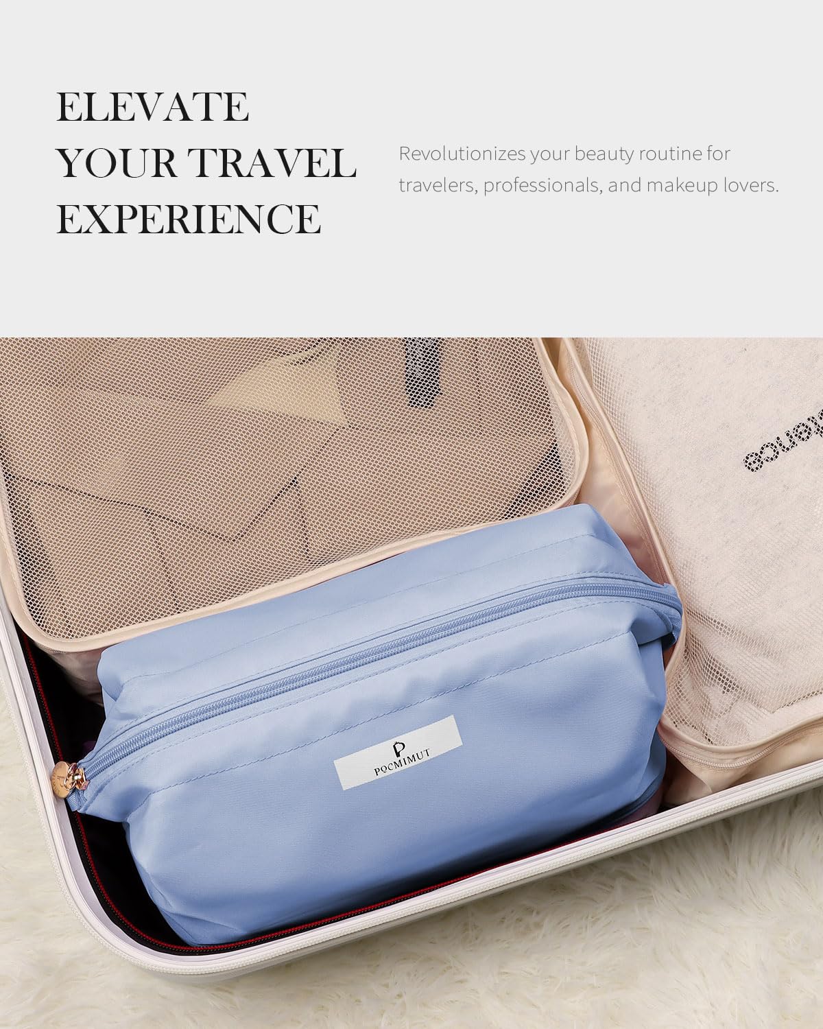 Pocmimut Large Double Layer Makeup Bag for Women & Girls - Travel Cosmetic Organizer with Brush Holder, Waterproof Toiletry Bag (Baby Blue) - Perfect for Travel, Gym, and Daily Makeup Storage