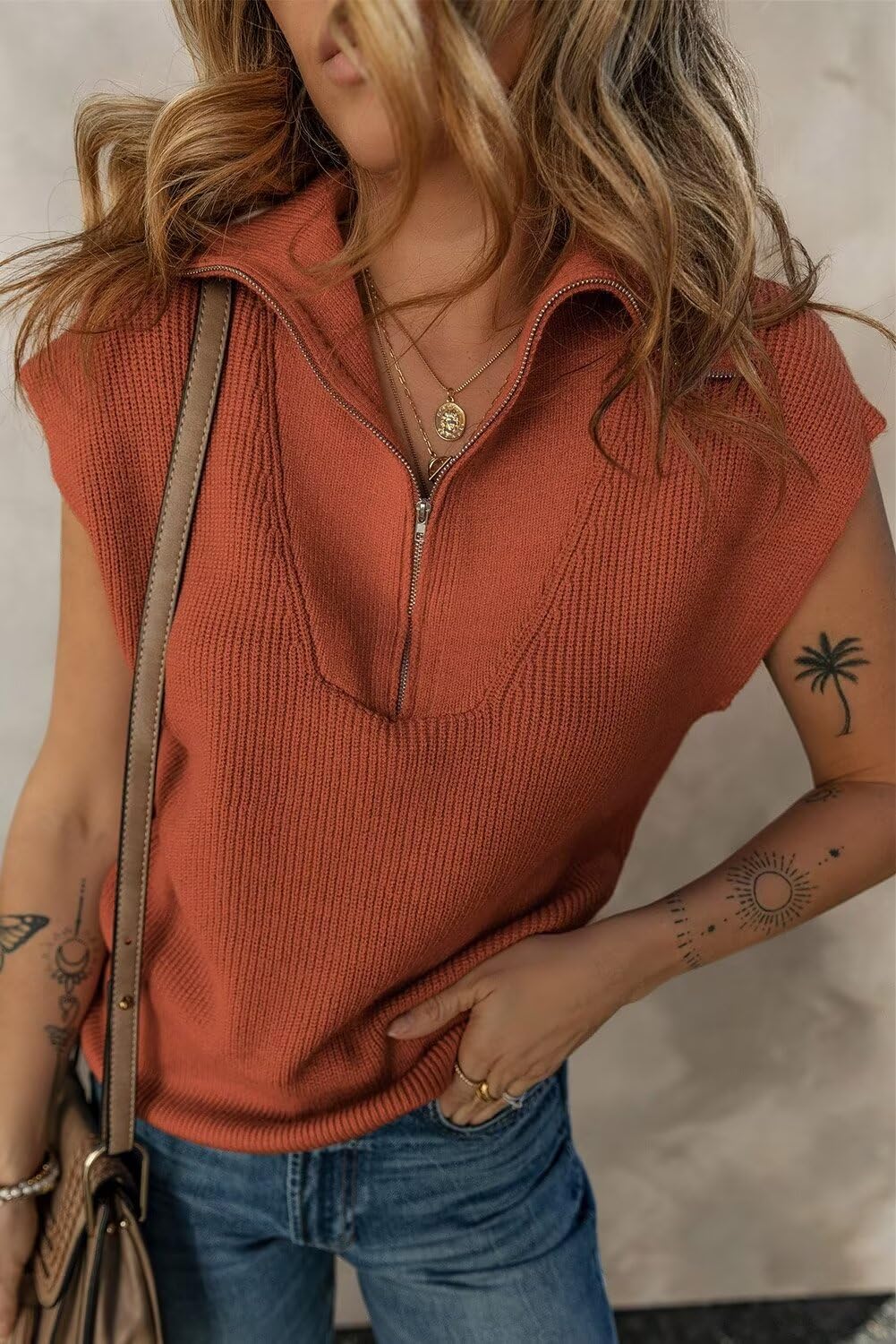 Dokotoo Women's Casual Sleeveless Half Zip Pullover Sweater - Solid V Neck Collar Ribbed Knit Loose Fit Top for Spring/Fall Layering, Office Wear & Weekend Outfits