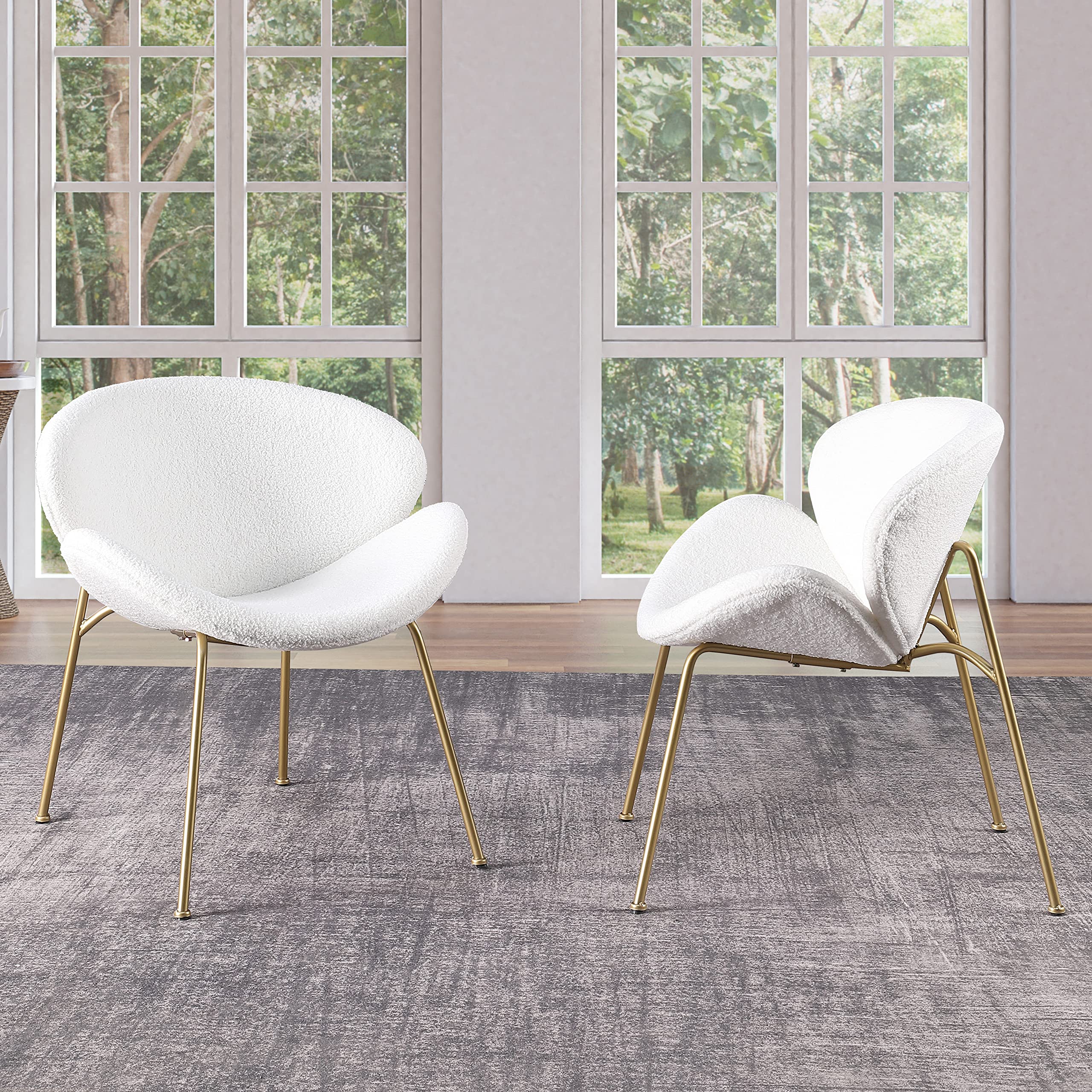 Yoluckea 2-Pack Faux Fur Vanity Chairs - Modern Upholstered Accent Chairs with Gold Metal Legs, Arced Seat & Back - Elegant Makeup Desk Chair & Dining Side Chair for Living Room, Bedroom, Kitchen (White) - Perfect for Vanity Tables, Dining Nooks & Cozy Reading Corners