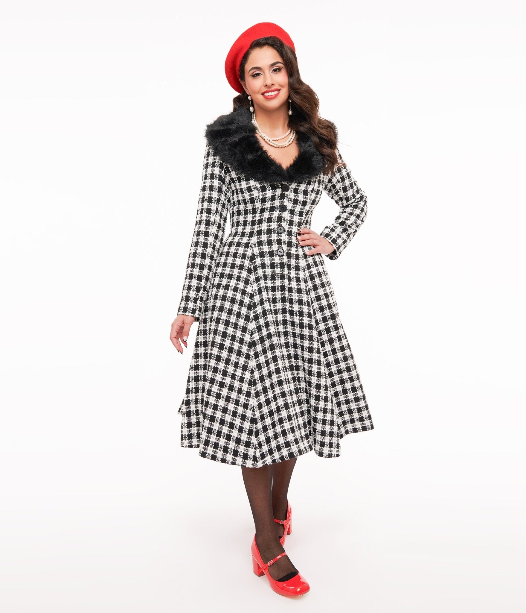 Vintage 1950s Black & White Plaid Swing Coat with Black Fur Trim - Retro 50s Style Winter Coat for Women, Perfect for Holiday Parties & Cold Weather Fashion