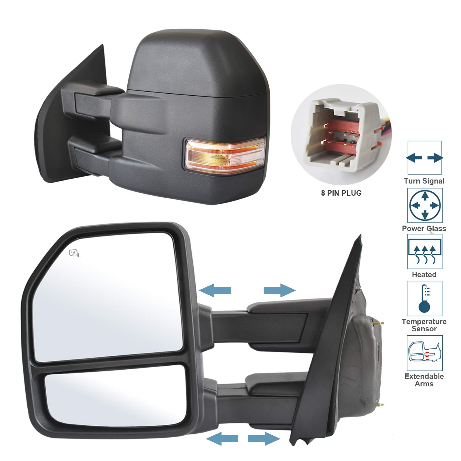 Heated Power Folding Towing Mirrors with LED Turn Signals & Defrost - Compatible with 2015-2020 Ford F150 Pickup Truck - 8-Pin Plug for Easy Installation - Perfect for Towing, Camping & Winter Driving