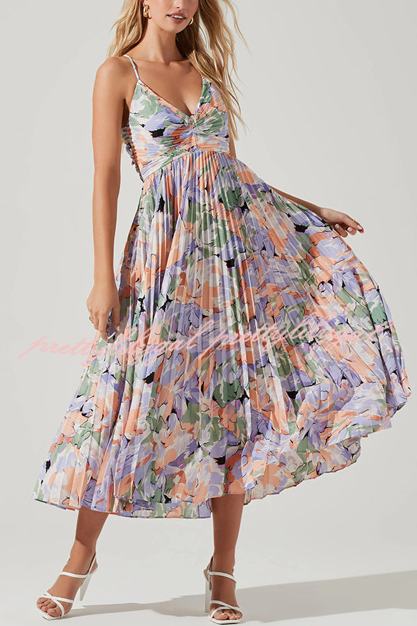 Floral Print Pleated Midi Dress with Back Tie Detail - Perfect for Wedding Parties, Bridal Showers & Summer Events