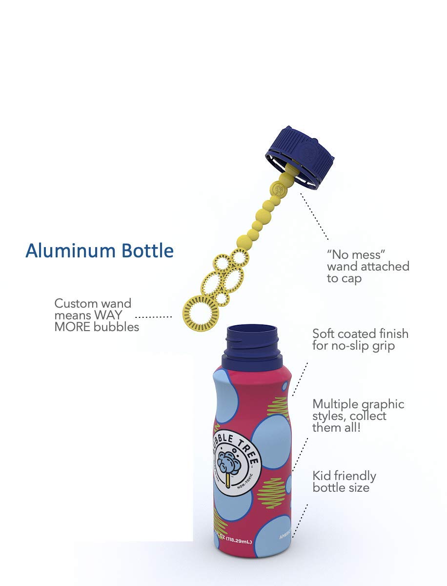 Eco-Friendly Bubble Tree Refillable Bubble Blowing Kit - 4 Pack of USA-Made Bubble Solution with Aluminum Bottles | Perfect for Outdoor Play, Birthday Parties & Kids' Activities