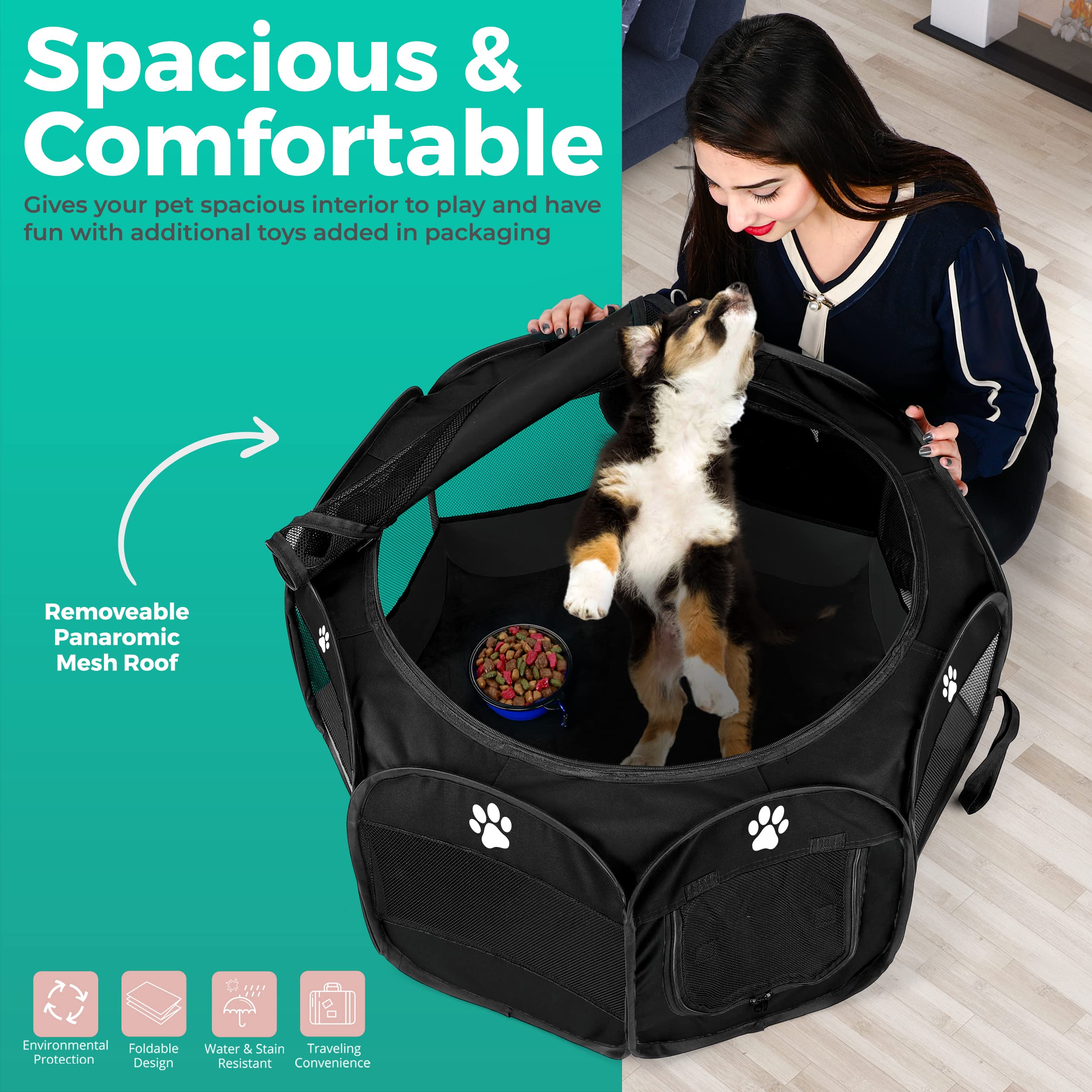 Portable Foldable Dog Playpen for Small Medium Large Dogs - Indoor & Outdoor Puppy Kennel with Travel Bag & Toys (Small, Black) - Perfect for Home, Travel, Camping & Backyard Play