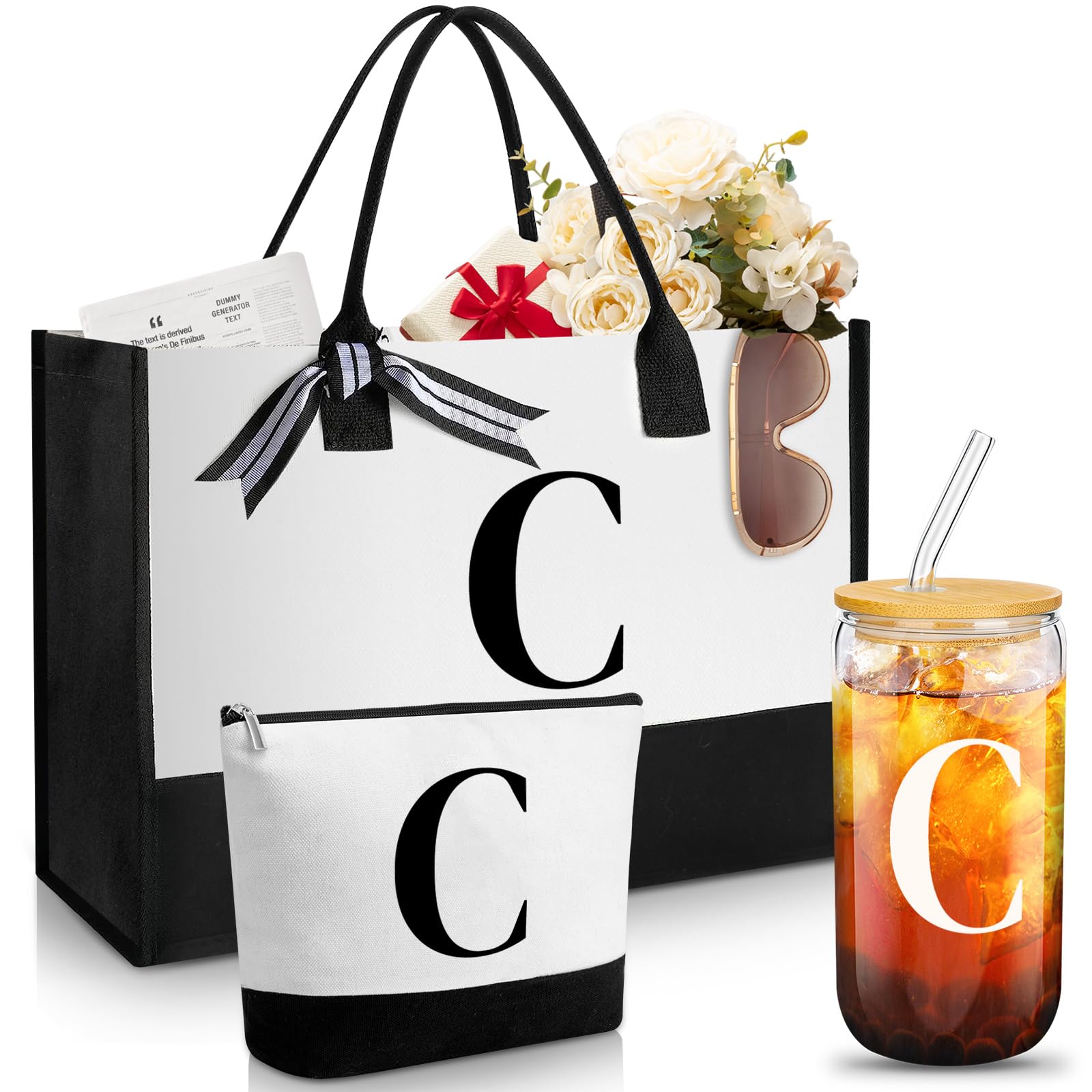Personalized Monogram Canvas Tote Bag & Glass Coffee Cup Set - Custom Initial Gifts for Women, Bridesmaids, Birthday with Zipper Makeup Pouch - Perfect for Work, Travel, Coffee Dates & Special Occasions