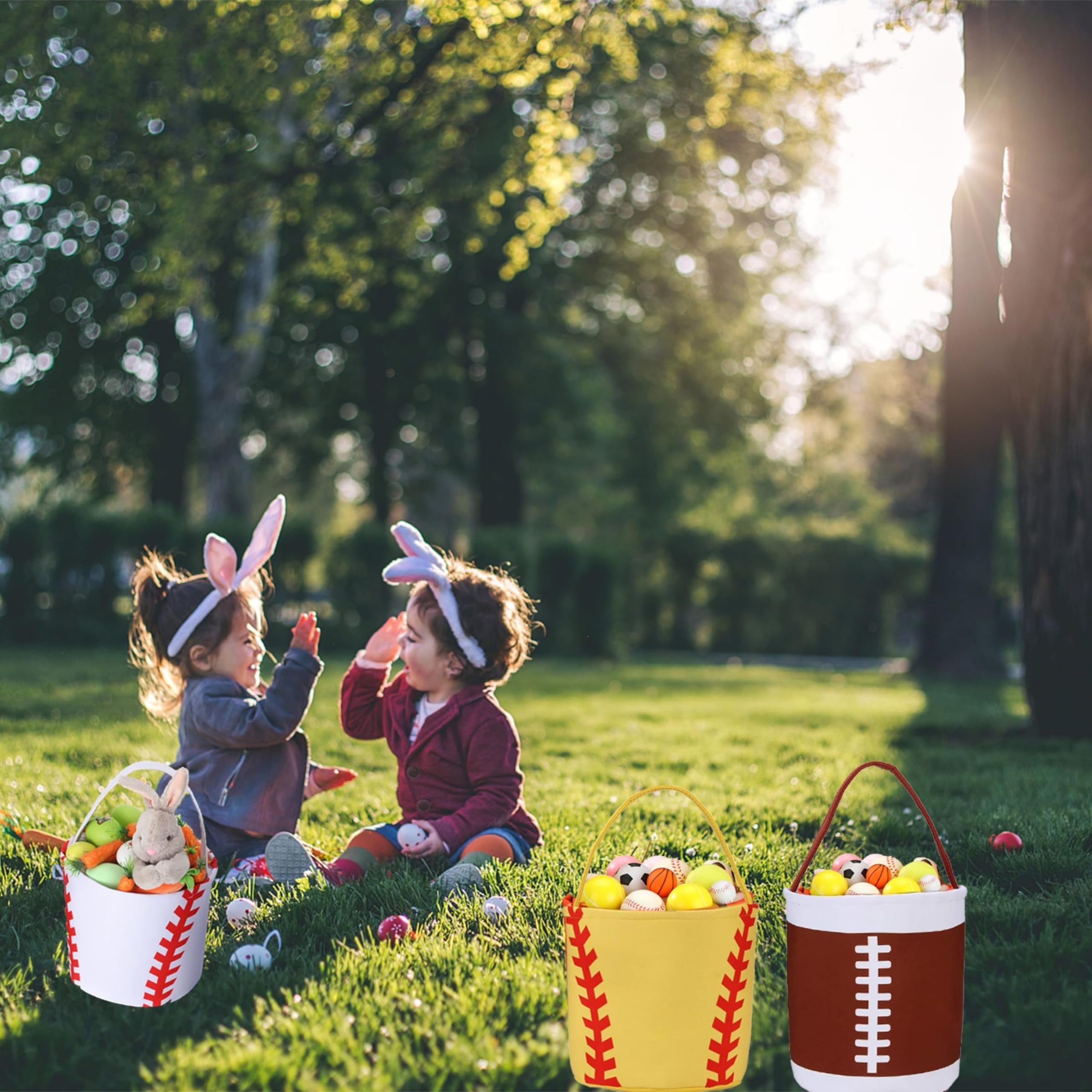 XinblueCo Kids Easter Baskets - Football & Basketball Themed Canvas Easter Egg Hunt Baskets, Halloween Trick or Treat Candy Bucket for Boys & Girls - Perfect for Easter Celebrations, Halloween Parties & Spring Festivals