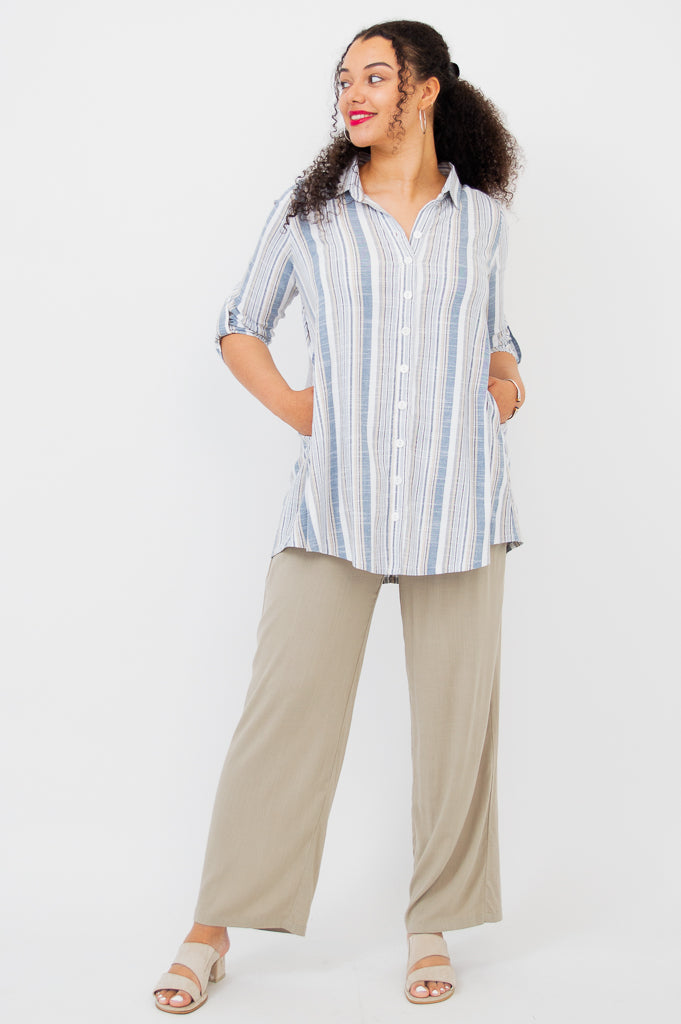 Celine Women's Blouse - Sand Stripe Linen Bamboo Shirt for Casual Wear & Summer Outfits